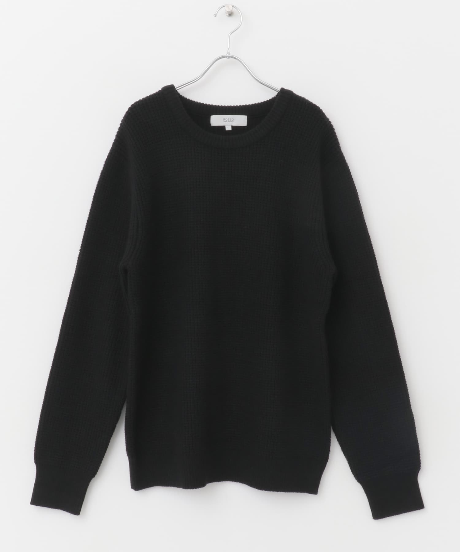 ウォッシャブルストレッチワッフルクルーネックプルオーバー BLACK M