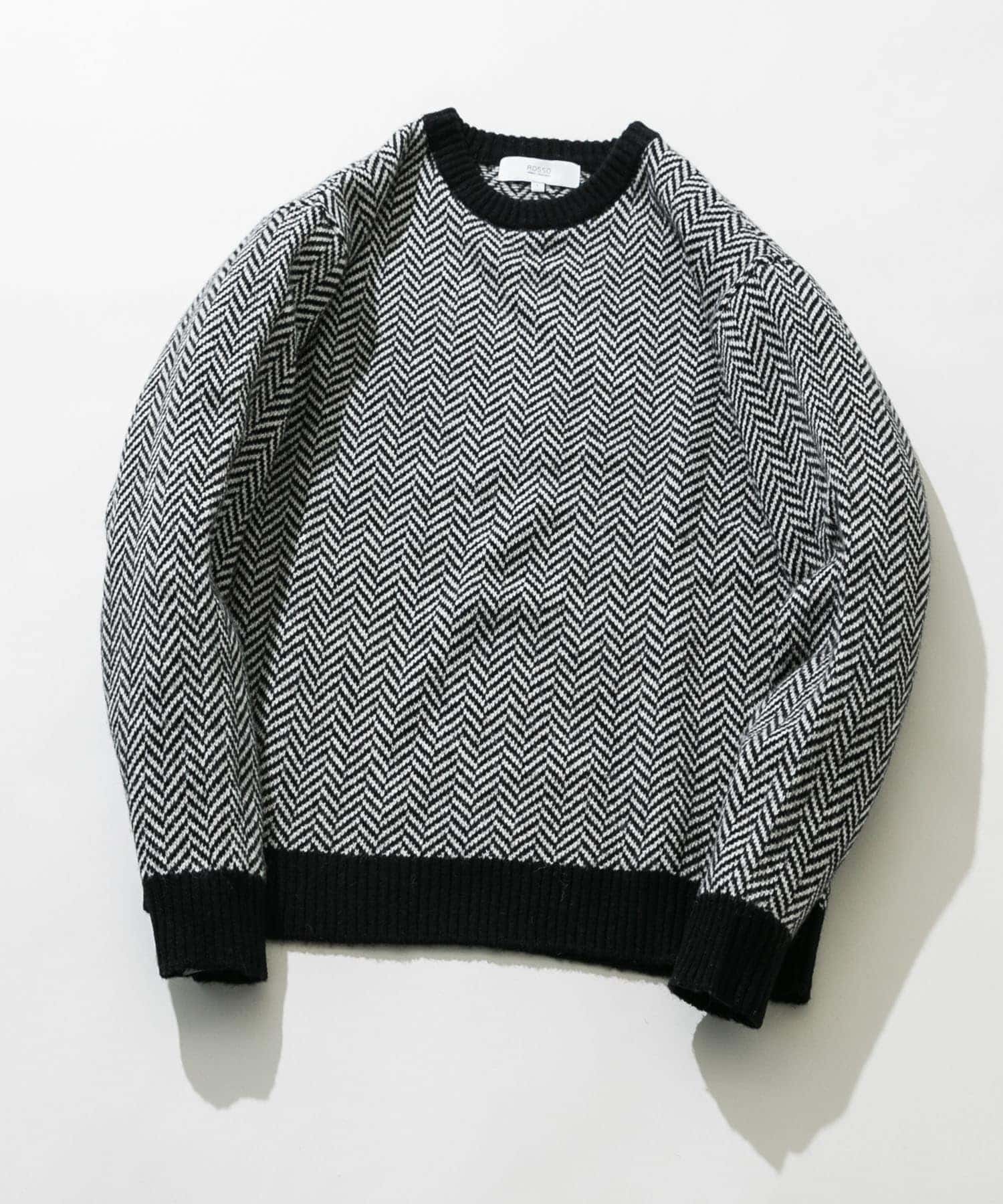 『XLサイズあり』ヘリンボーン柄クルーネックニット BLACK S
