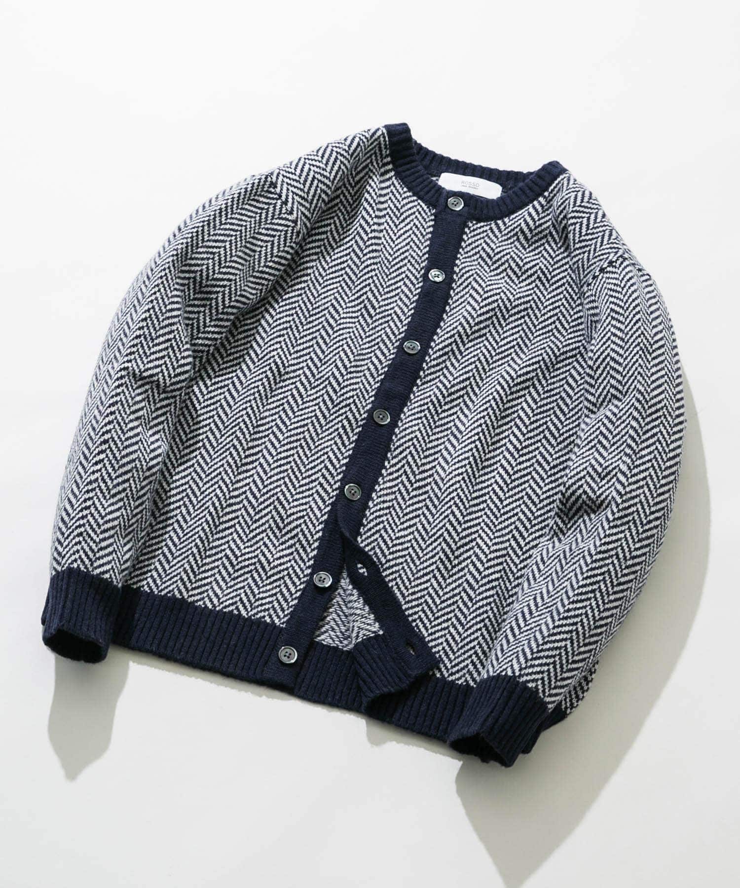 『XLサイズあり』ヘリンボーン柄クルーニットカーディガン NAVY S