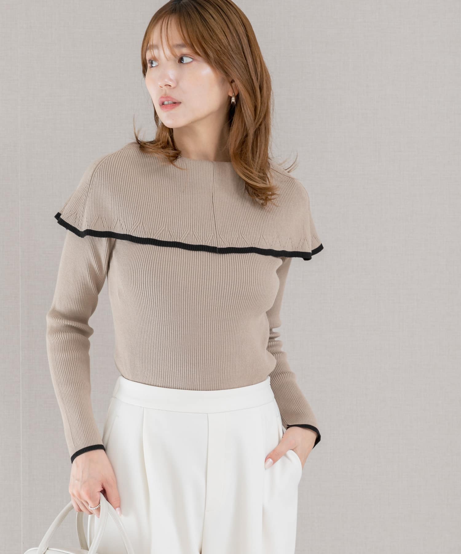 2wayネックバイカラーケープニット