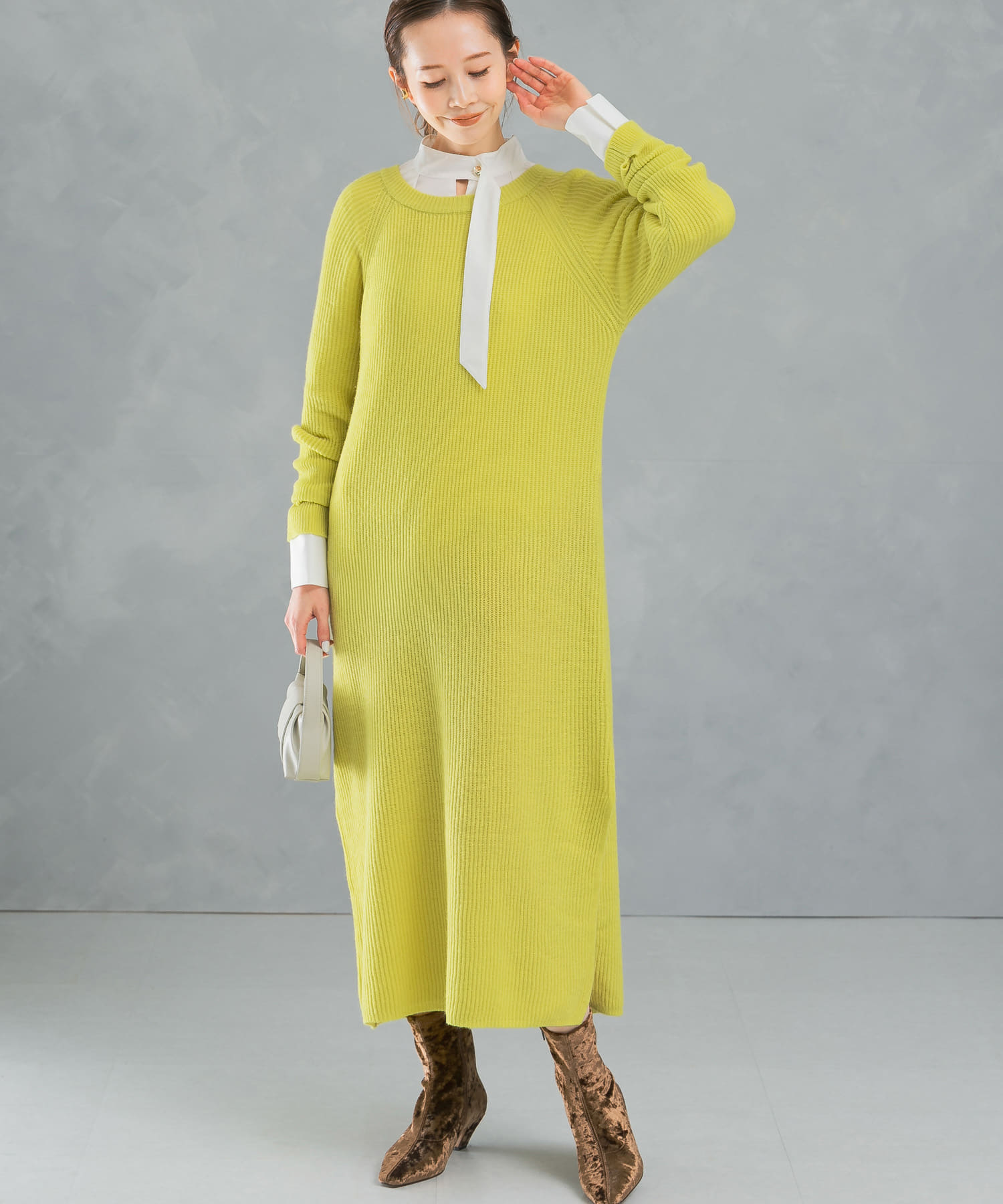 ヤク混サイドスリット畦ニットワンピース
