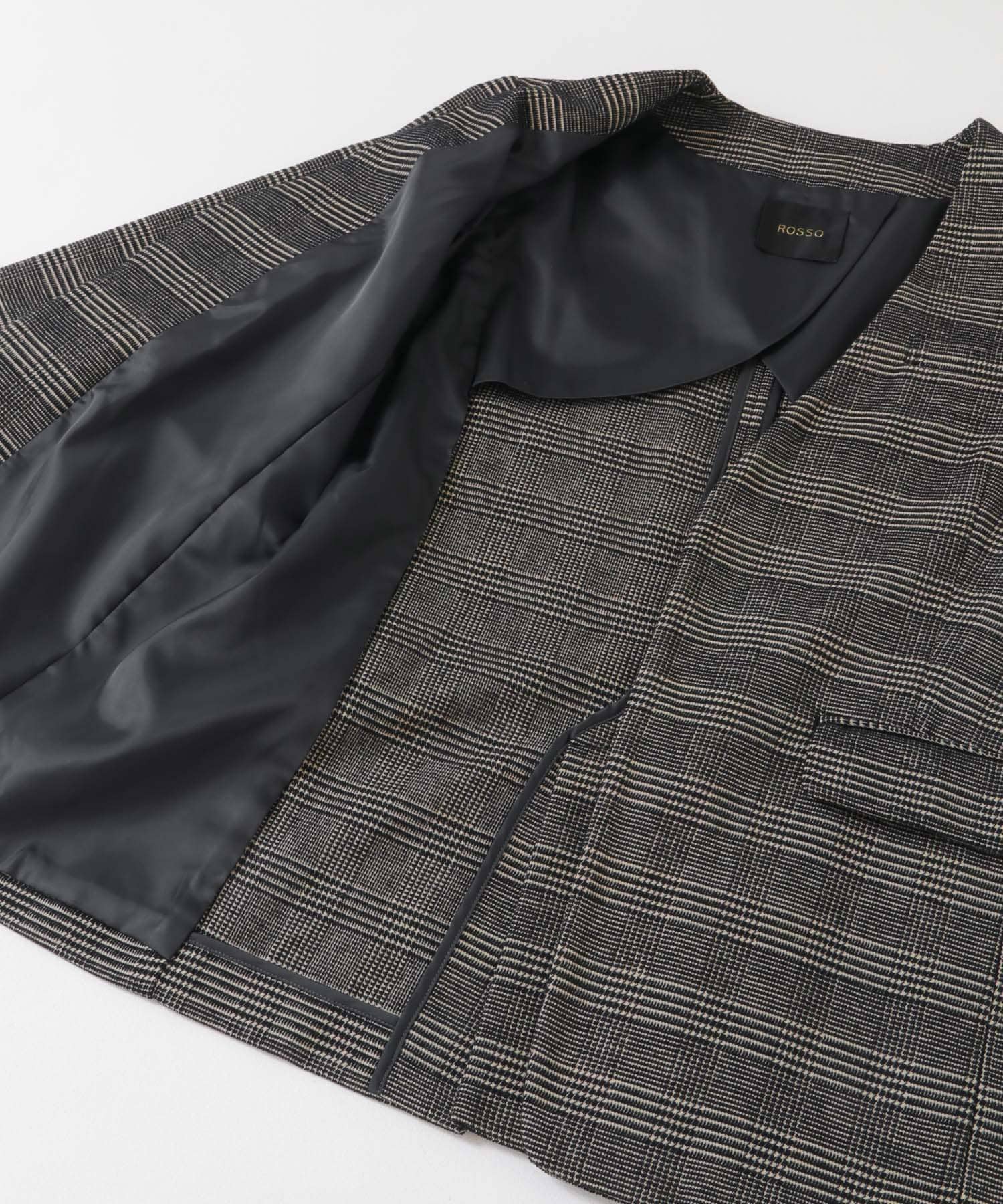 モールチェックノーカラーオーバージャケット BLK×BEG 36