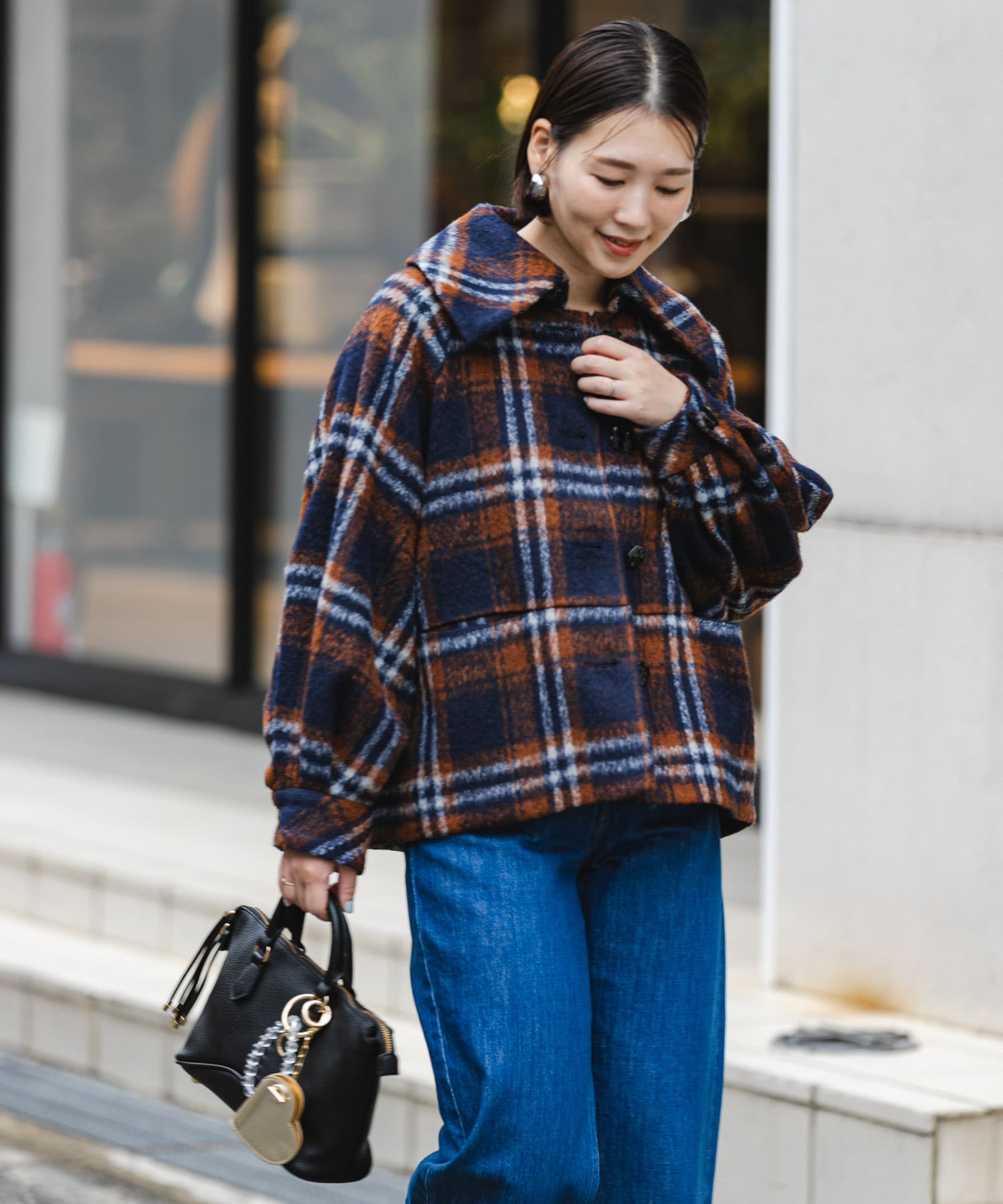 F by ROSSO　シャギーチェックビッグカラーコート