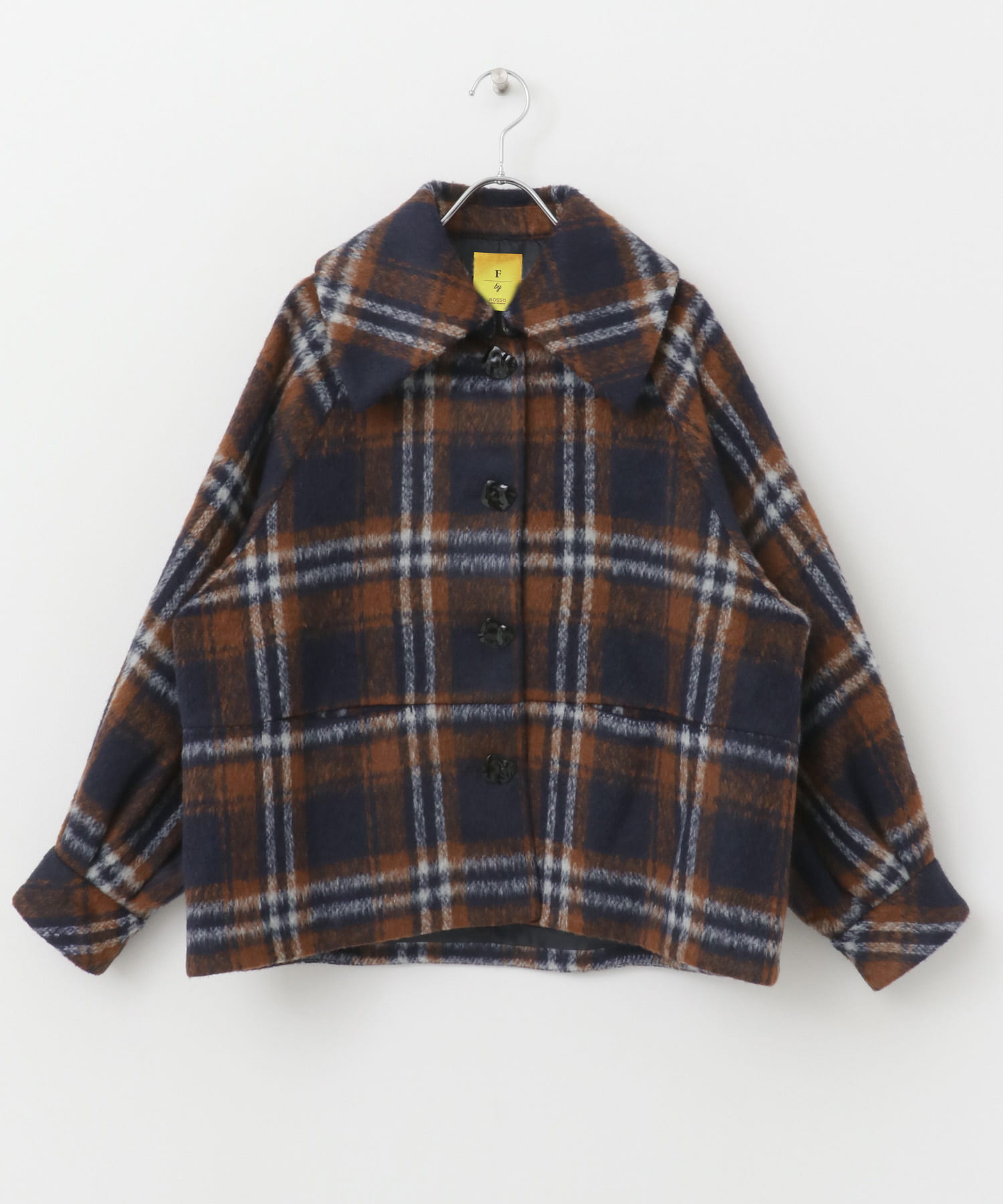 F by ROSSO　シャギーチェックビッグカラーコート NAVY FREE
