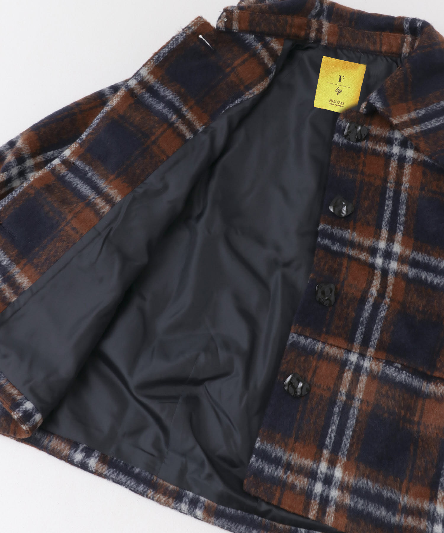 F by ROSSO　シャギーチェックビッグカラーコート NAVY FREE