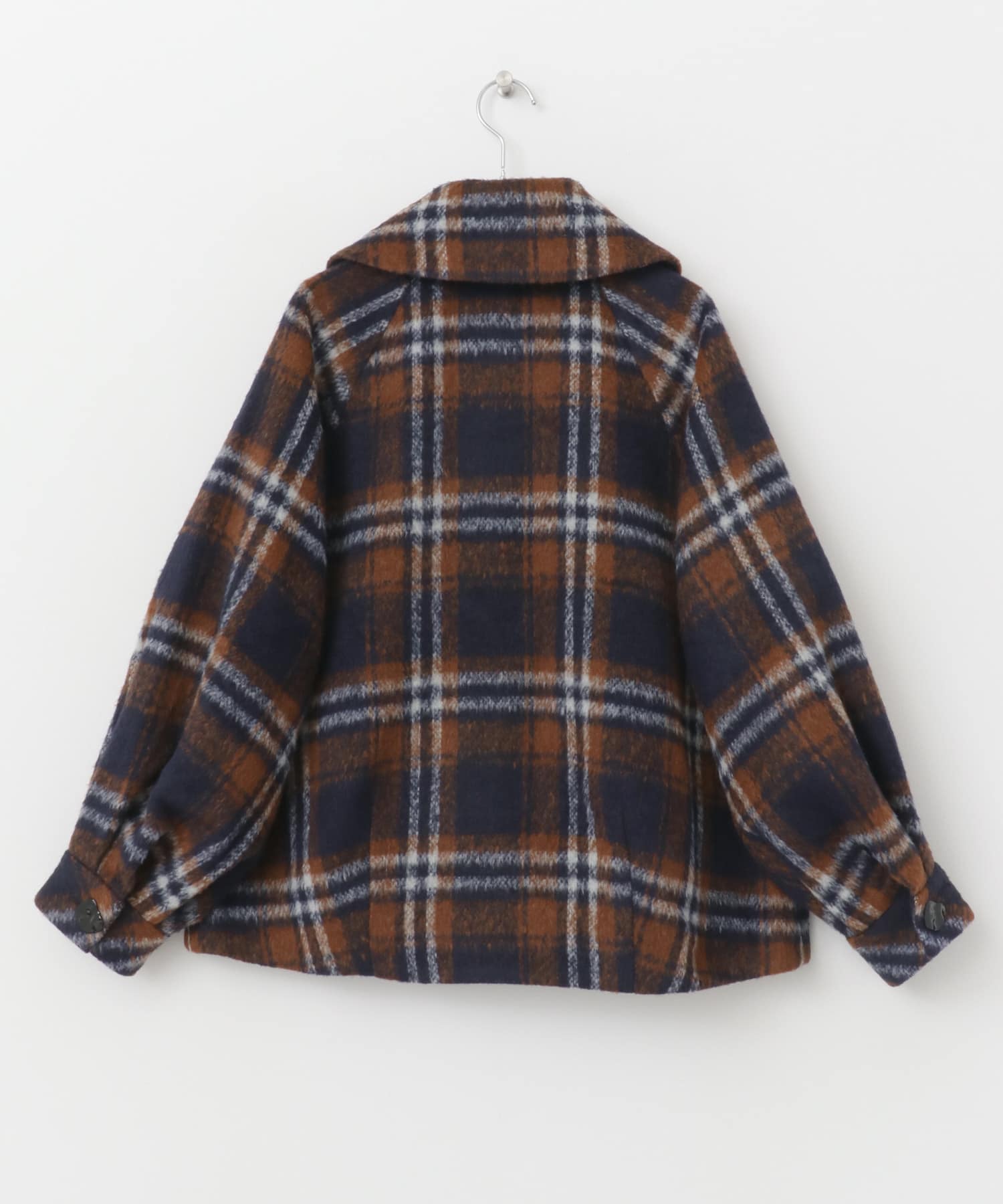F by ROSSO　シャギーチェックビッグカラーコート NAVY FREE