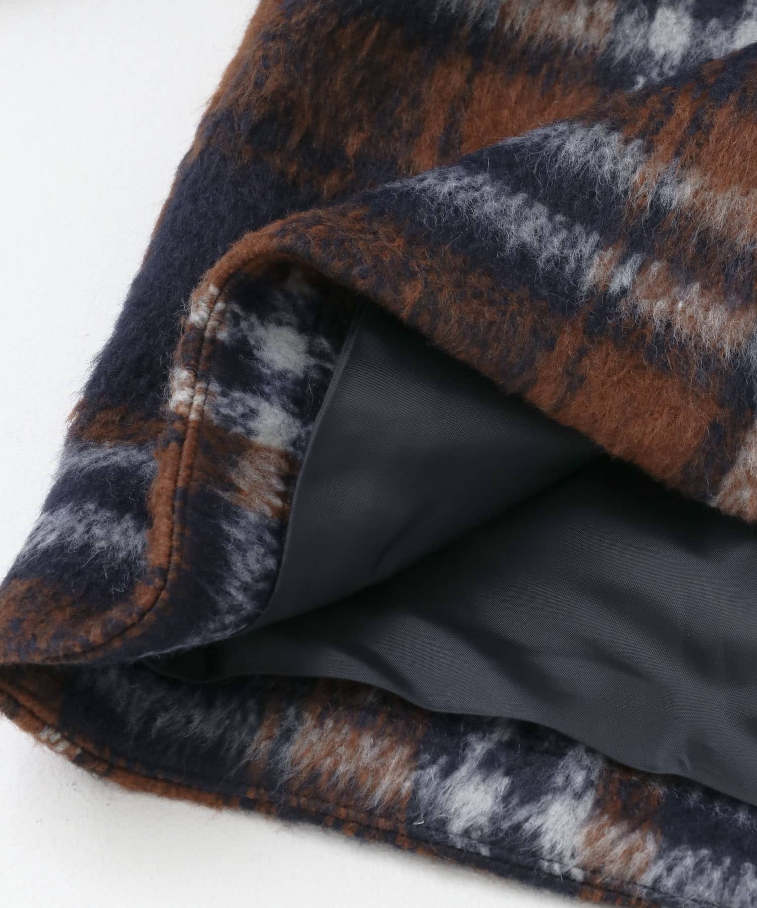 F by ROSSO　シャギーチェックビッグカラーコート NAVY FREE