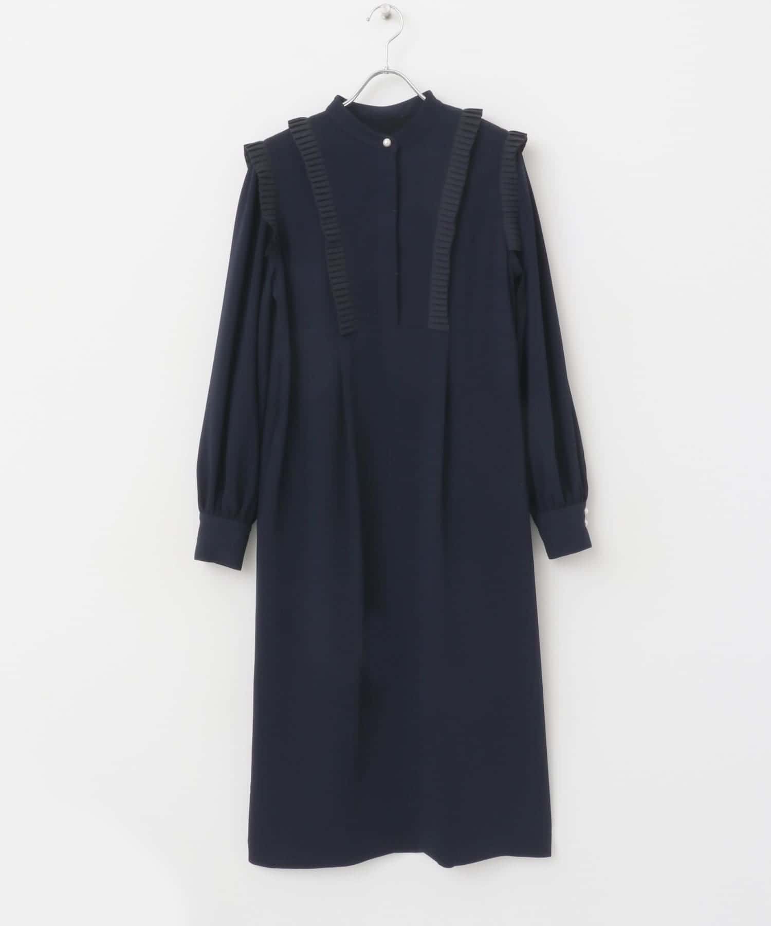 F by ROSSO　パール釦プリーツデザインワンピース NAVY FREE