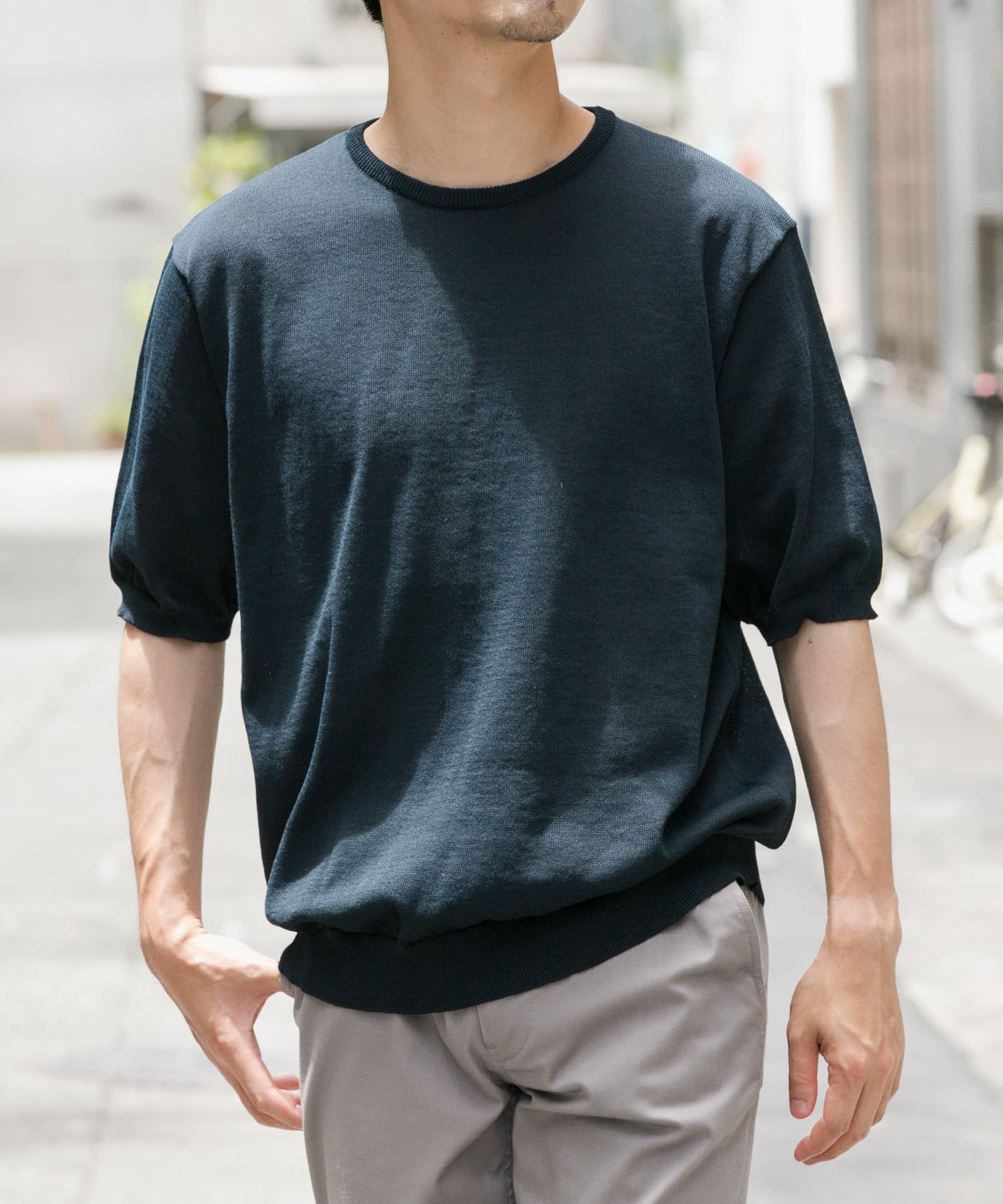 『UR TECH ひやサラクール』AIRDRY半袖クルーニット NAVY M