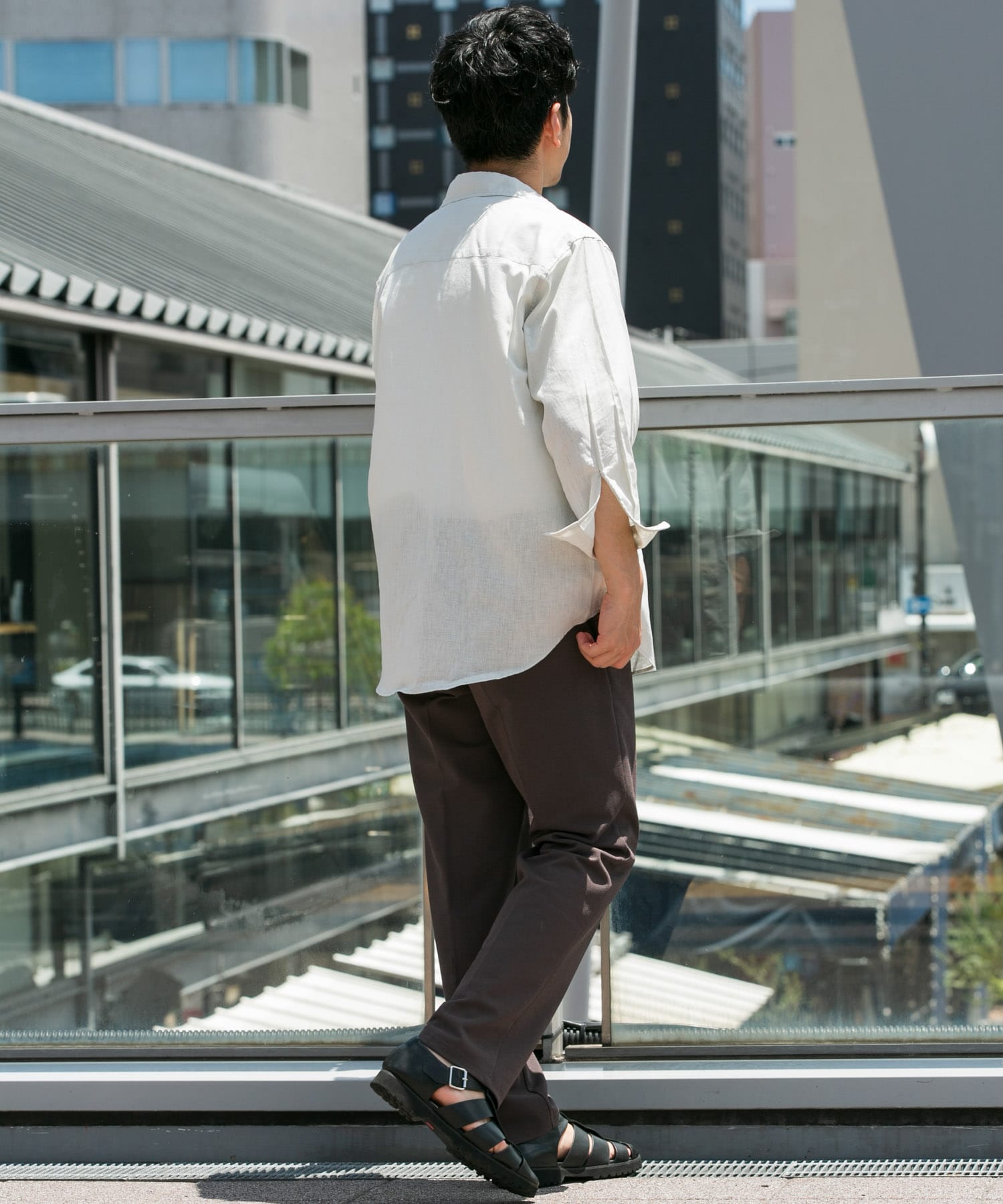 『XLサイズあり』リラックスコットンリネン7分袖シャツ BEIGE M