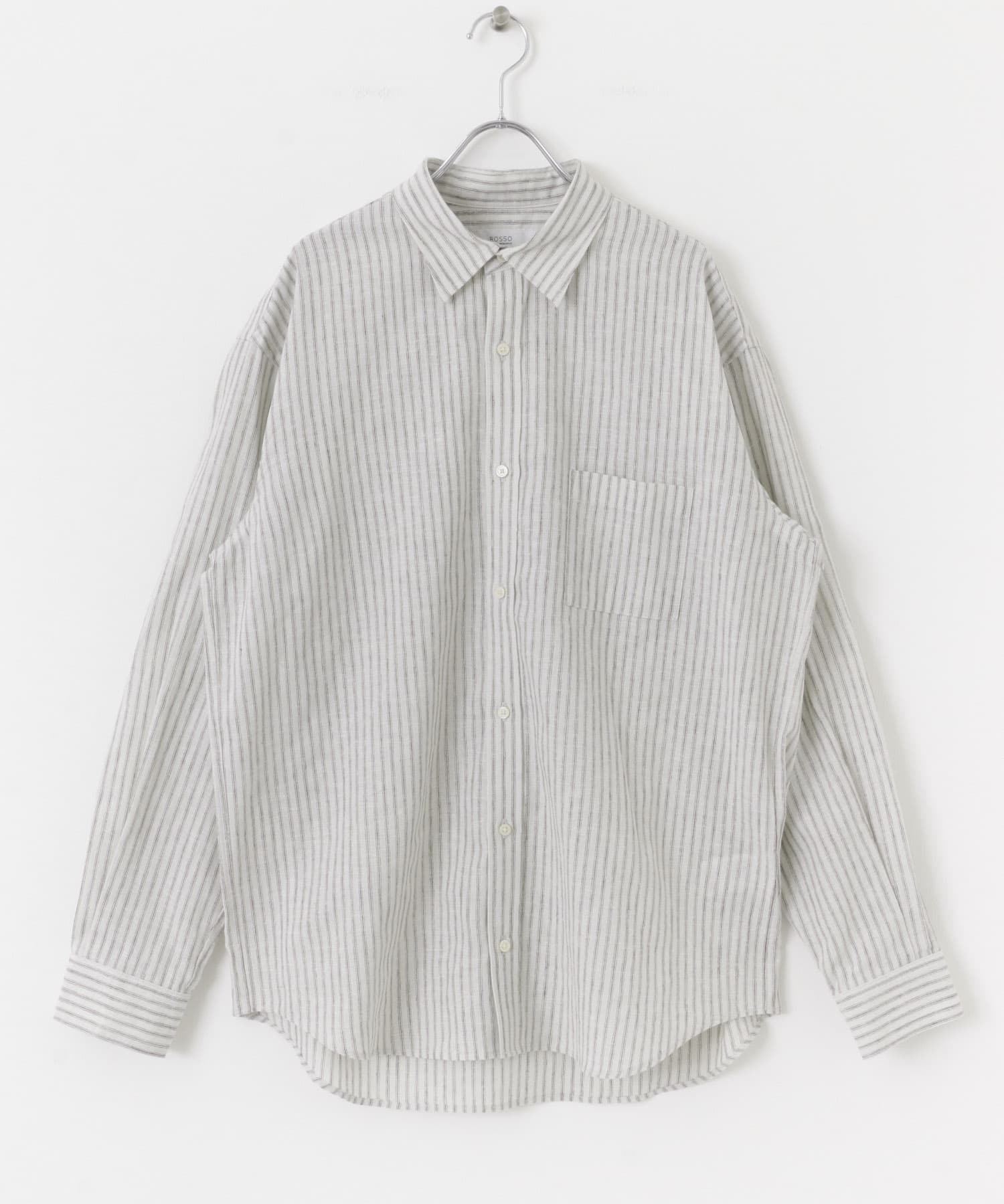 『WEB限定』『XLサイズあり』リラックスコットンリネンレギュラーカラー長袖シャツ BEG STRIPE S