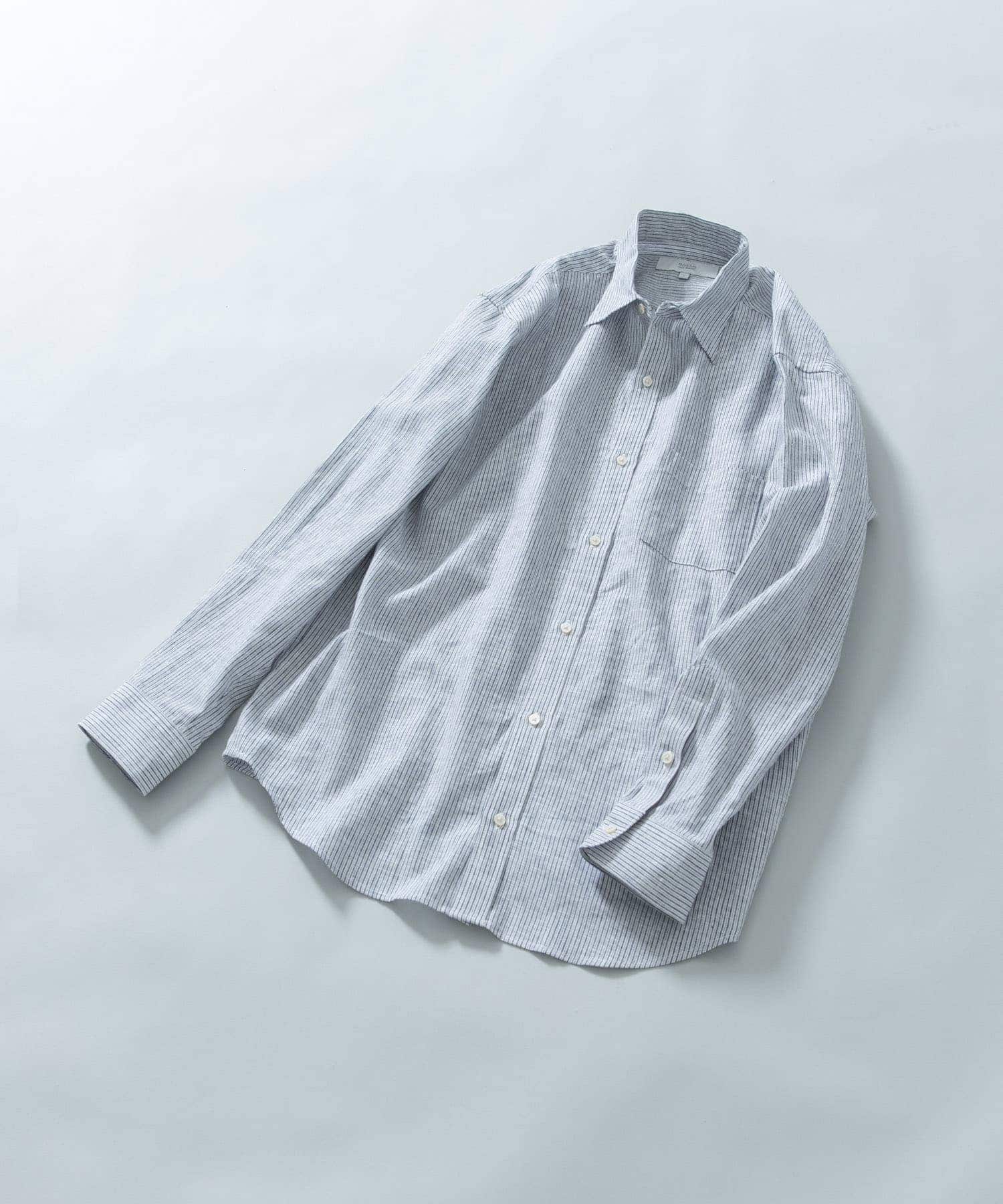 『WEB限定』『XLサイズあり』リラックスコットンリネンレギュラーカラー長袖シャツ BLU STRIPE S