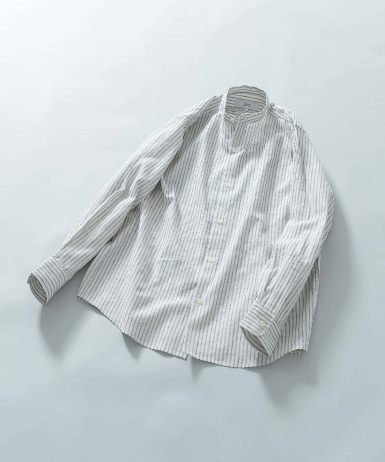 『WEB限定』『XLサイズあり』リラックスコットンリネンバンドカラー長袖シャツ BEG STRIPE S