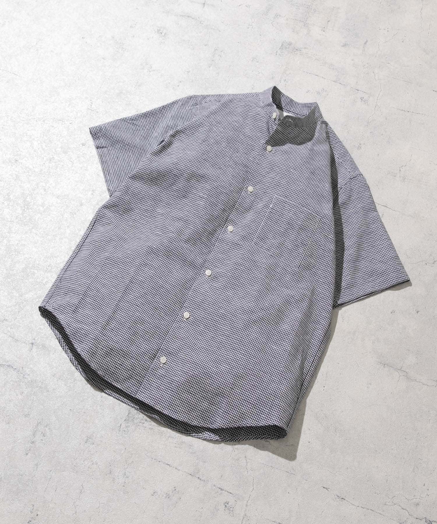 『防シワ』『XLサイズあり』ハイパフォーマンスリネンバンド半袖シャツ BLK CHECK L
