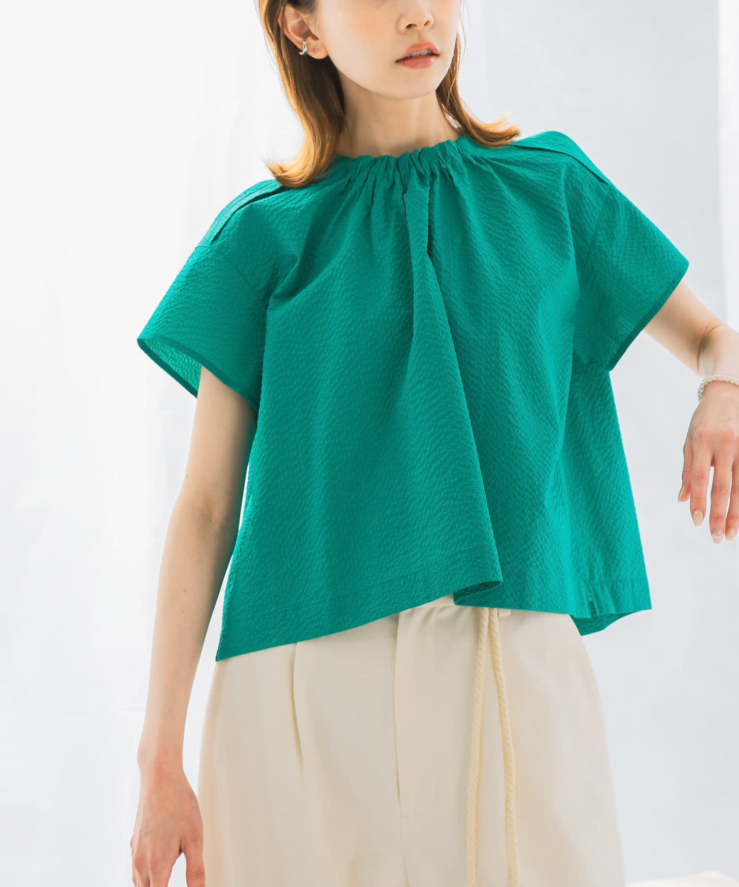 シアサッカーショートギャザーブラウス