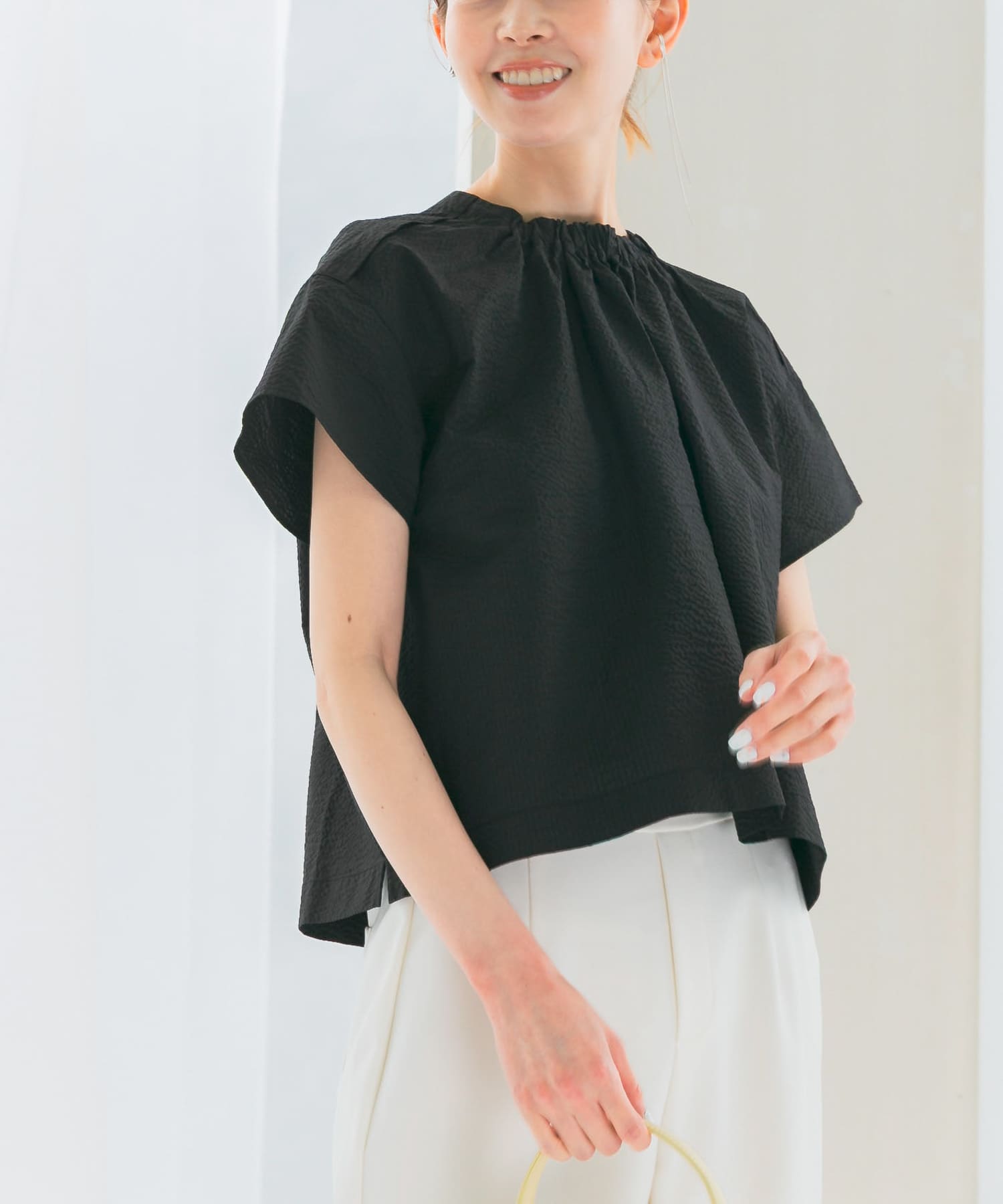 シアサッカーショートギャザーブラウス