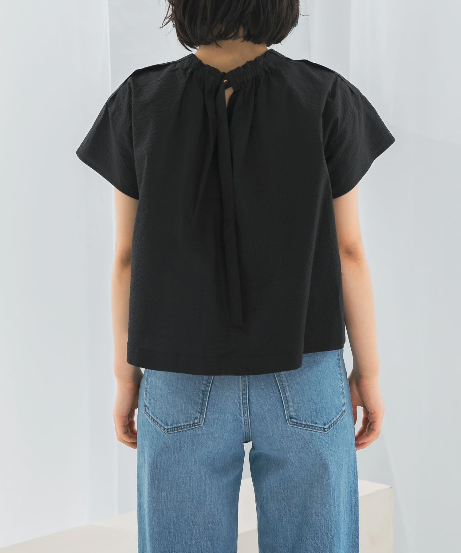 シアサッカーショートギャザーブラウス BLACK FREE