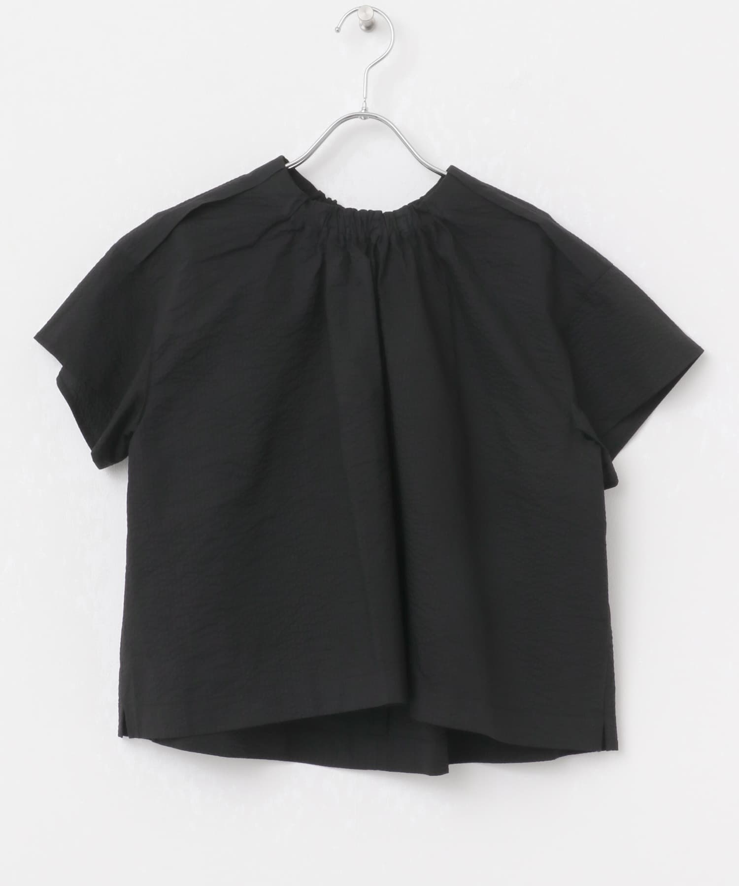 シアサッカーショートギャザーブラウス BLACK FREE