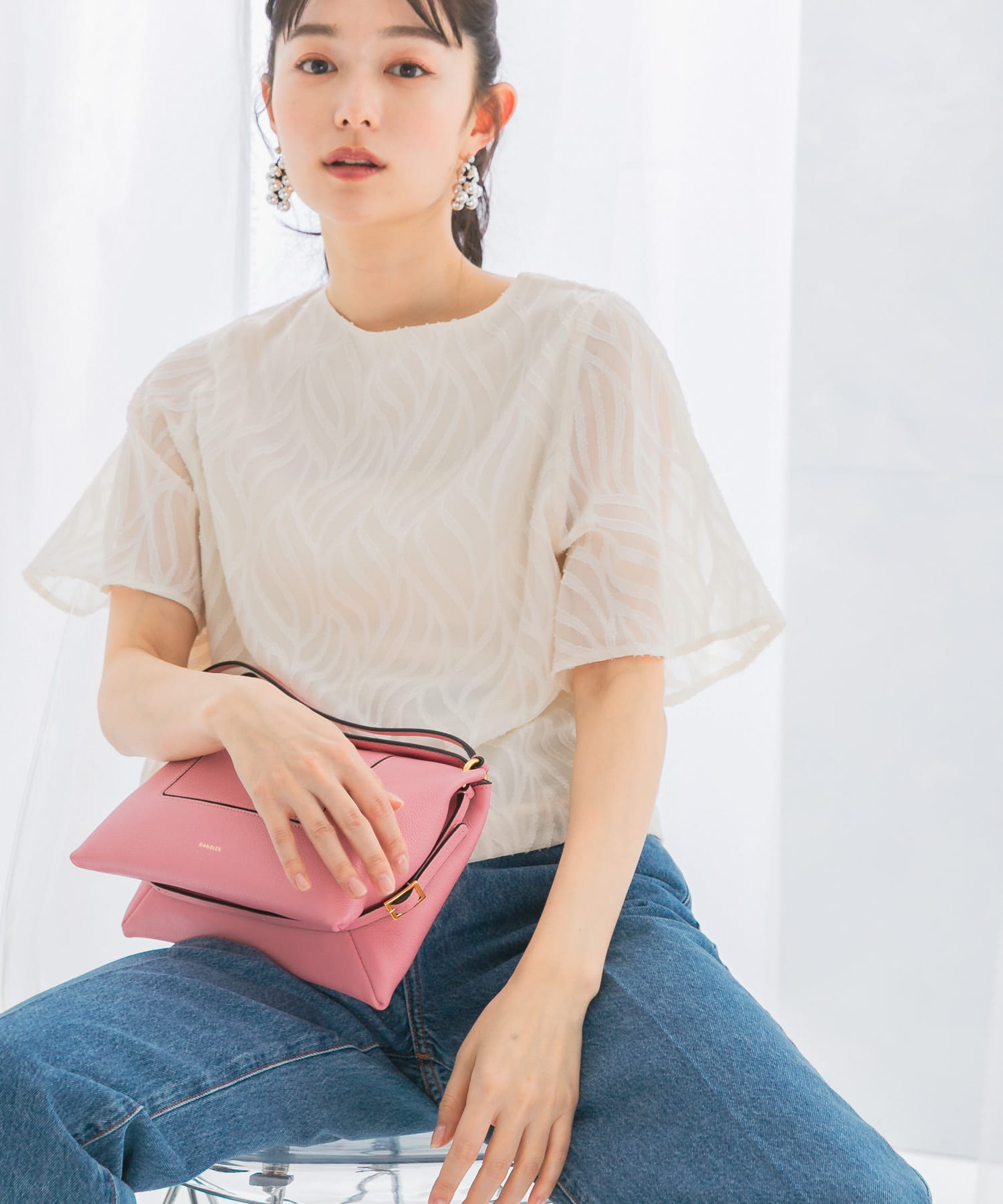 ロッソページ セミシアーカットジャガードブラウス(FREE OFF WHITE): トップス