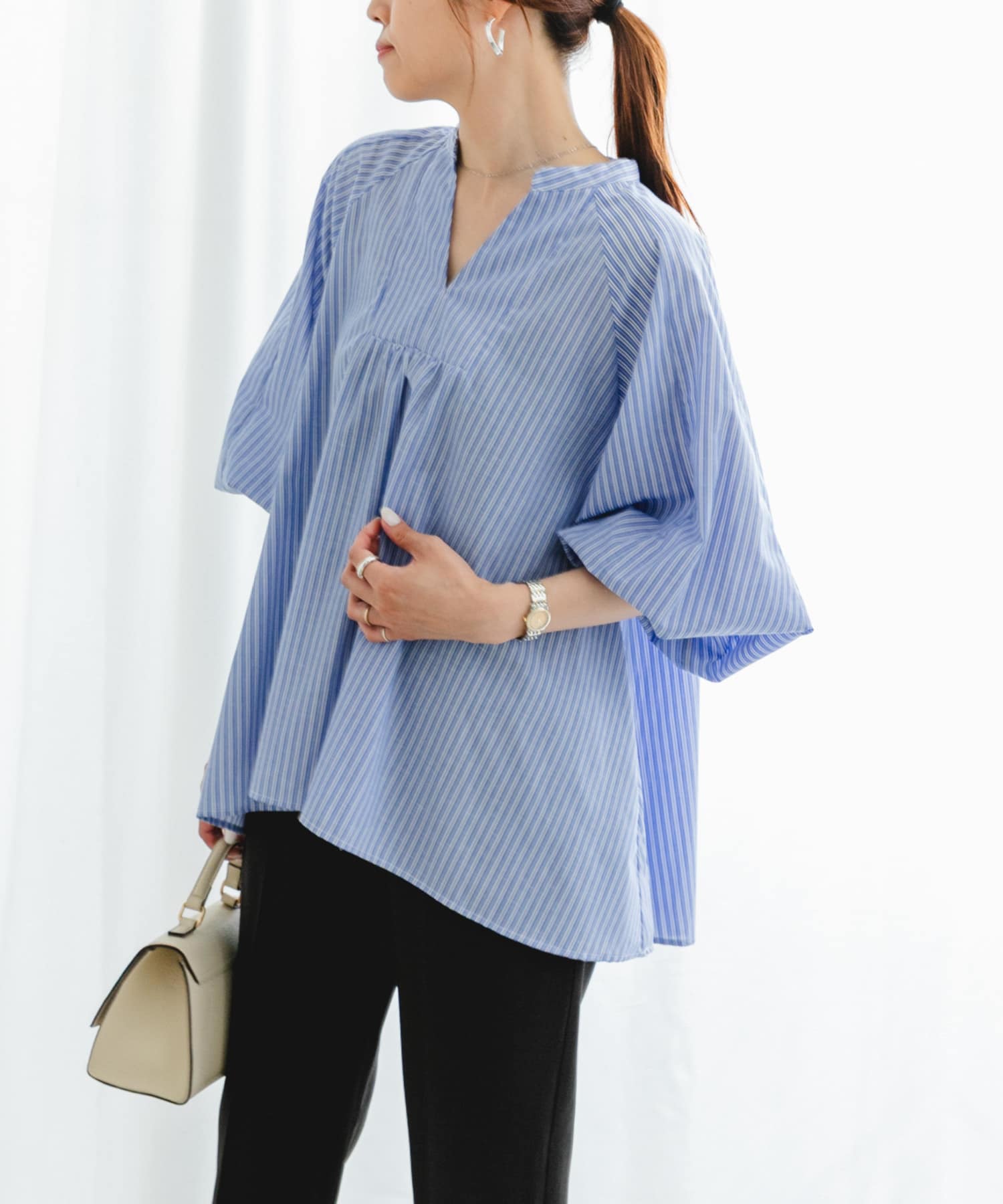 『UR TECH』F by ROSSO　イージーリネンボリュームブラウス