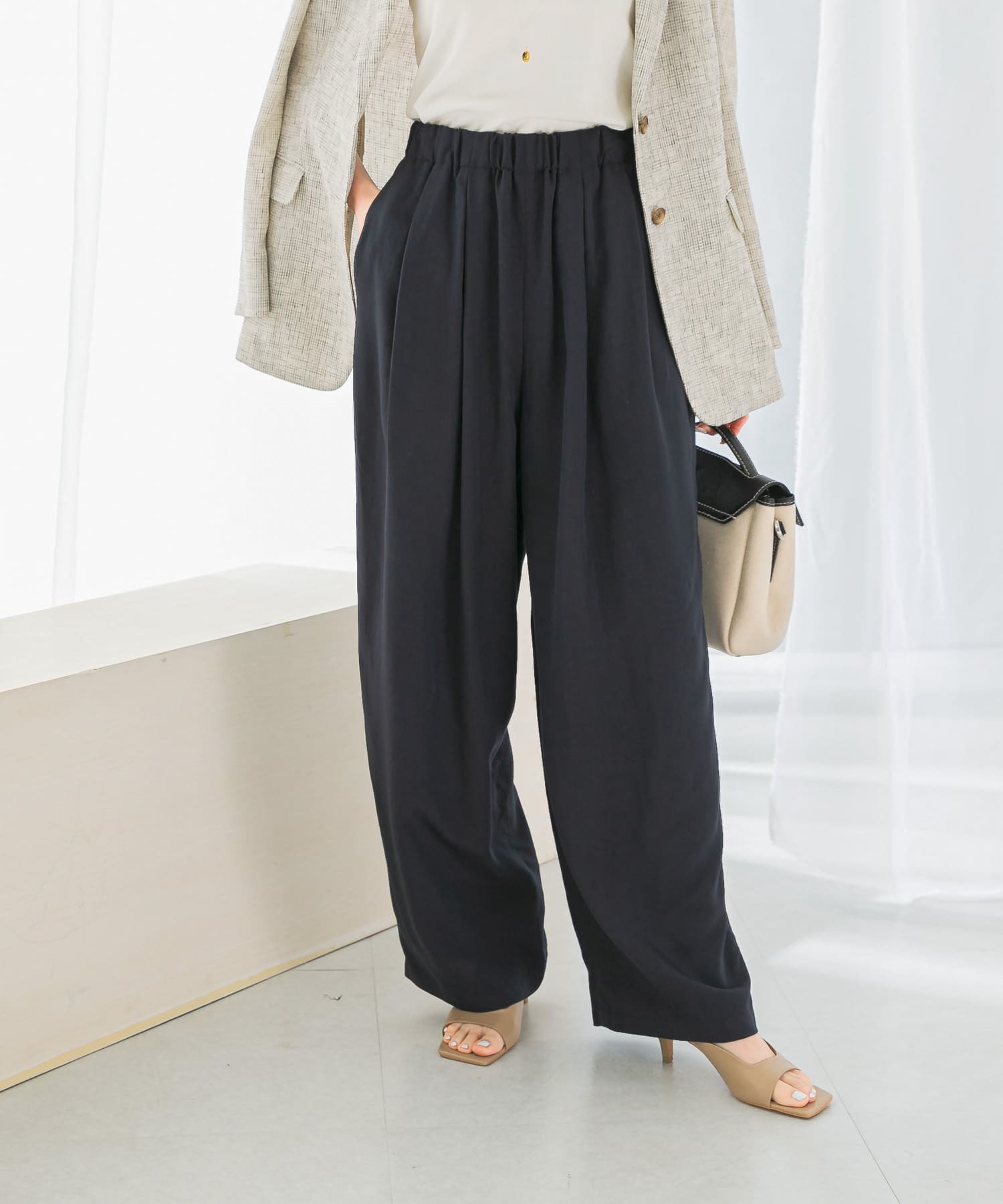 DONEEYU　レーヨンゴムギャザーパンツ navy 36