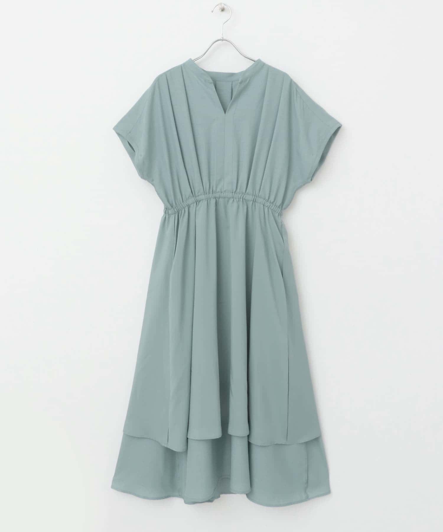 ウォッシャブルセミシアーキーネックワンピース BLUE FREE