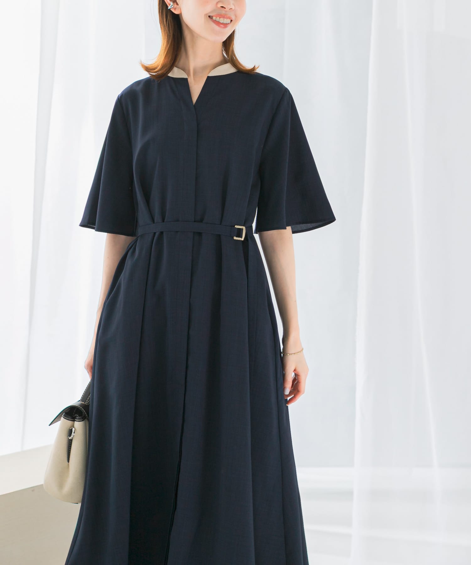 Lulu　Merlette ネイビー フレアスリーブ ワンピース フレアスリーブニットワンピース【洗濯機洗い可】（ミドル