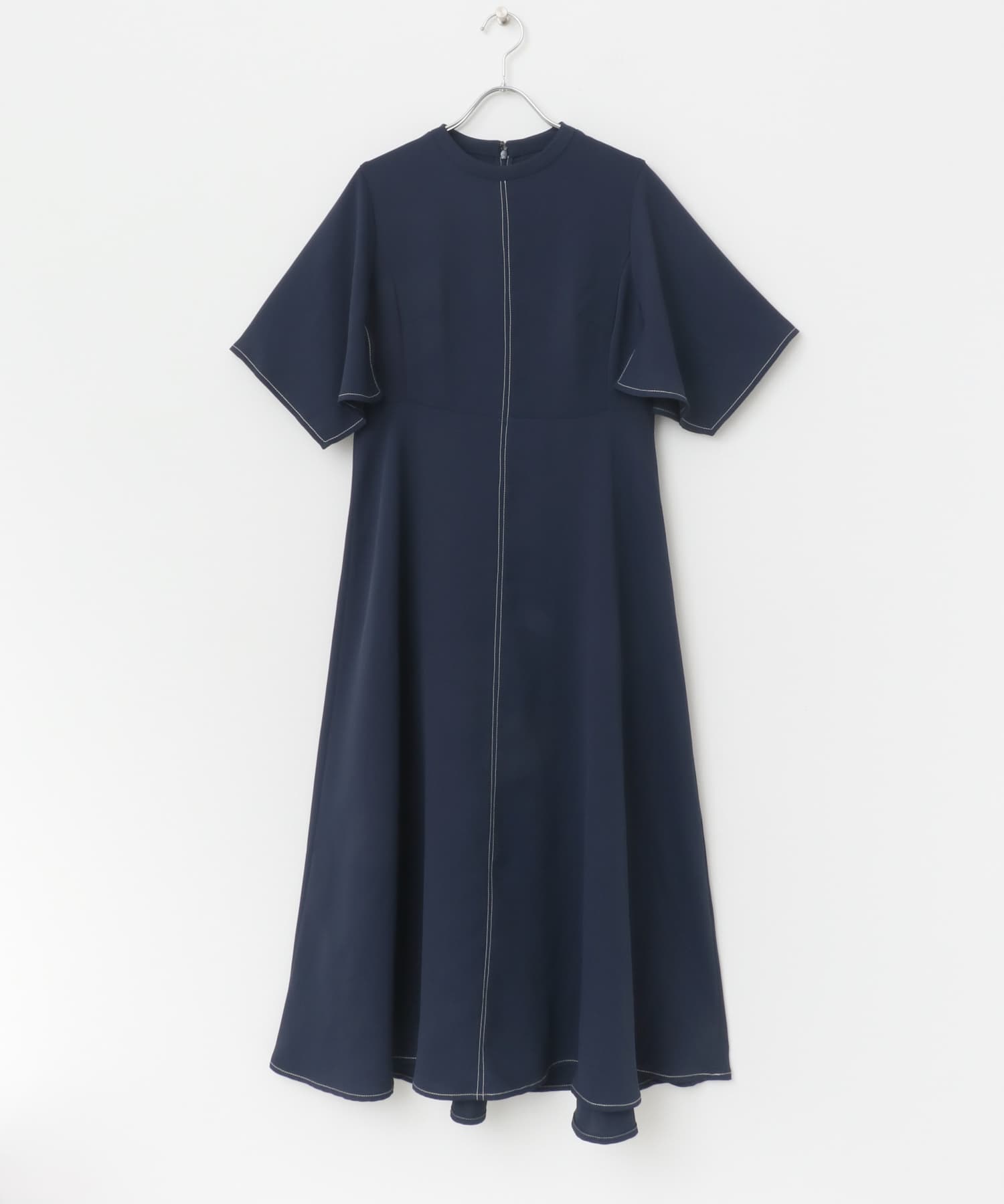 フレアスリーブステッチデザインワンピース NAVY FREE
