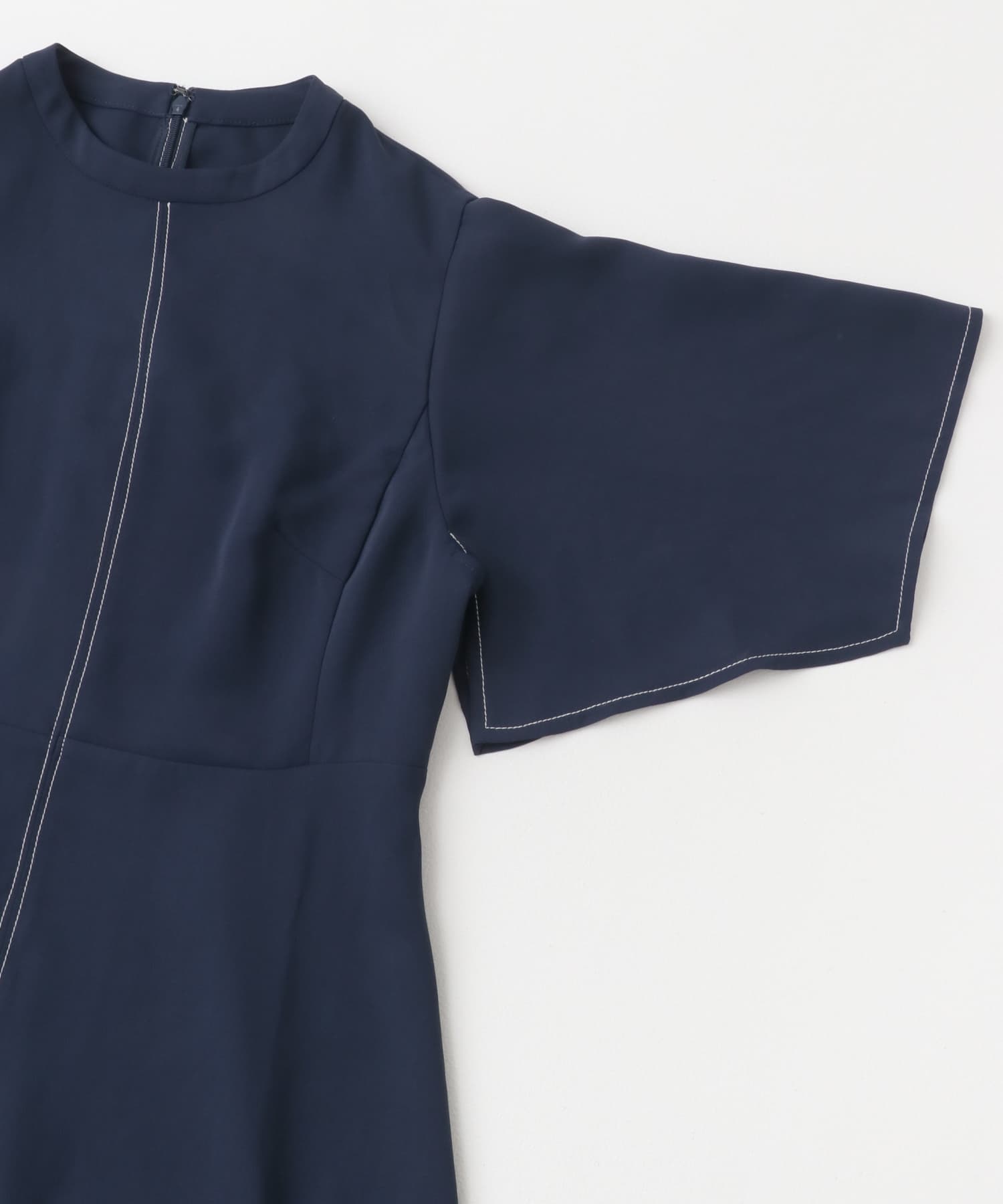 フレアスリーブステッチデザインワンピース NAVY FREE