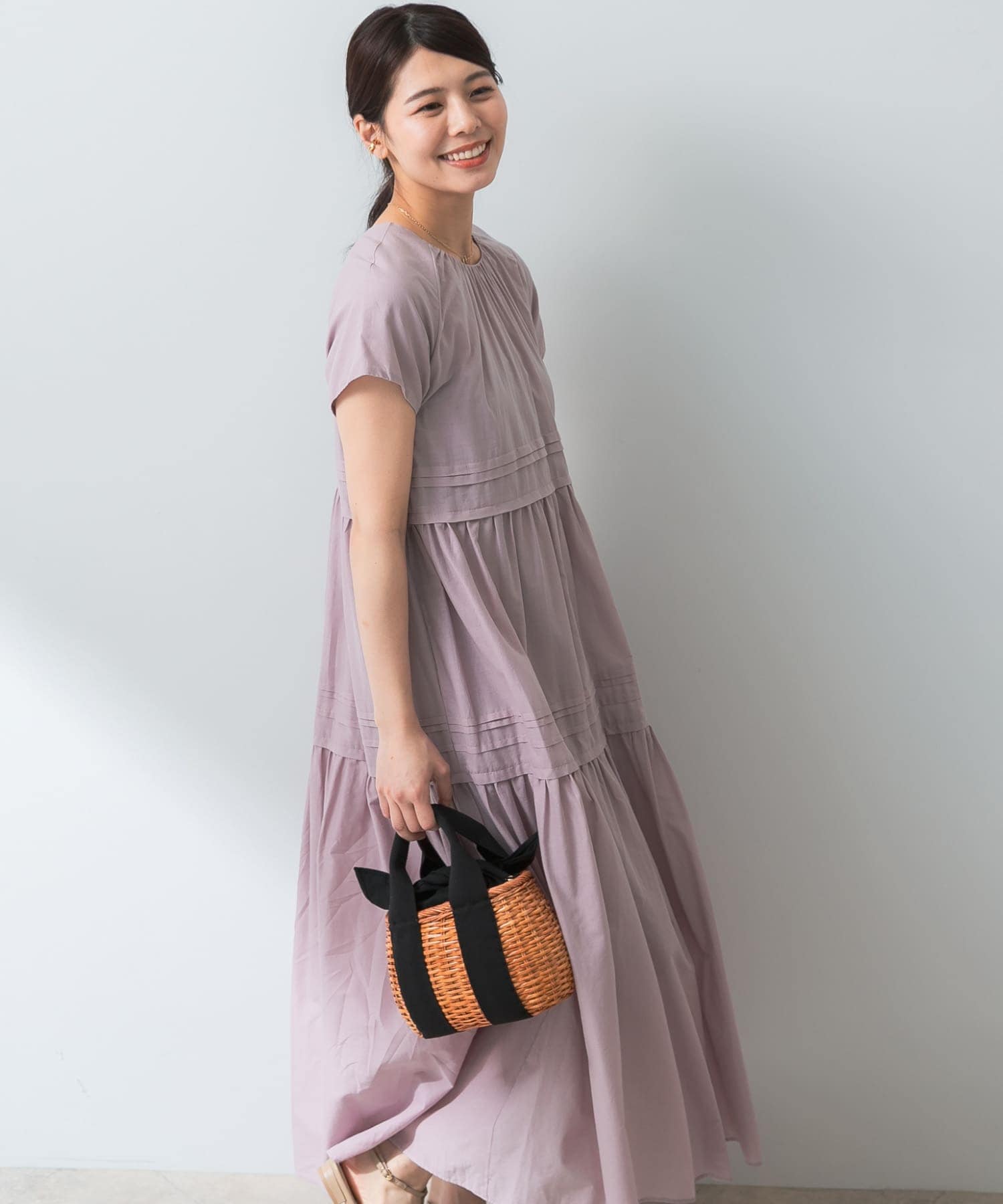 F by ROSSO コットンボイルタックティアードワンピース(36 BLACK
