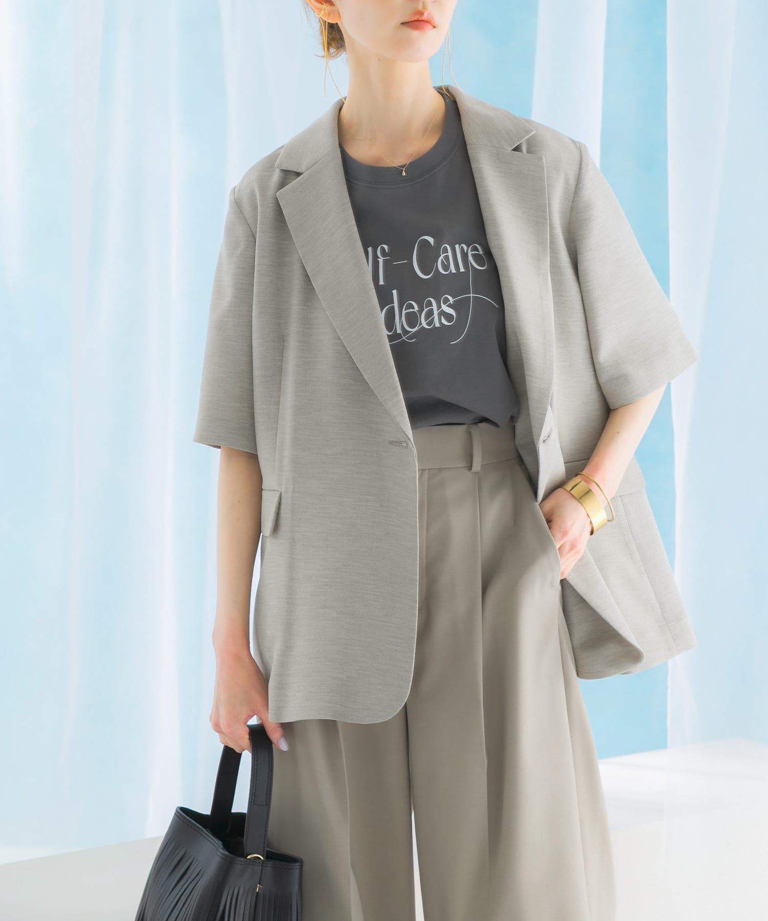 リネンライクハーフスリーブジャケット(FREE BEIGE): アウター｜URBAN