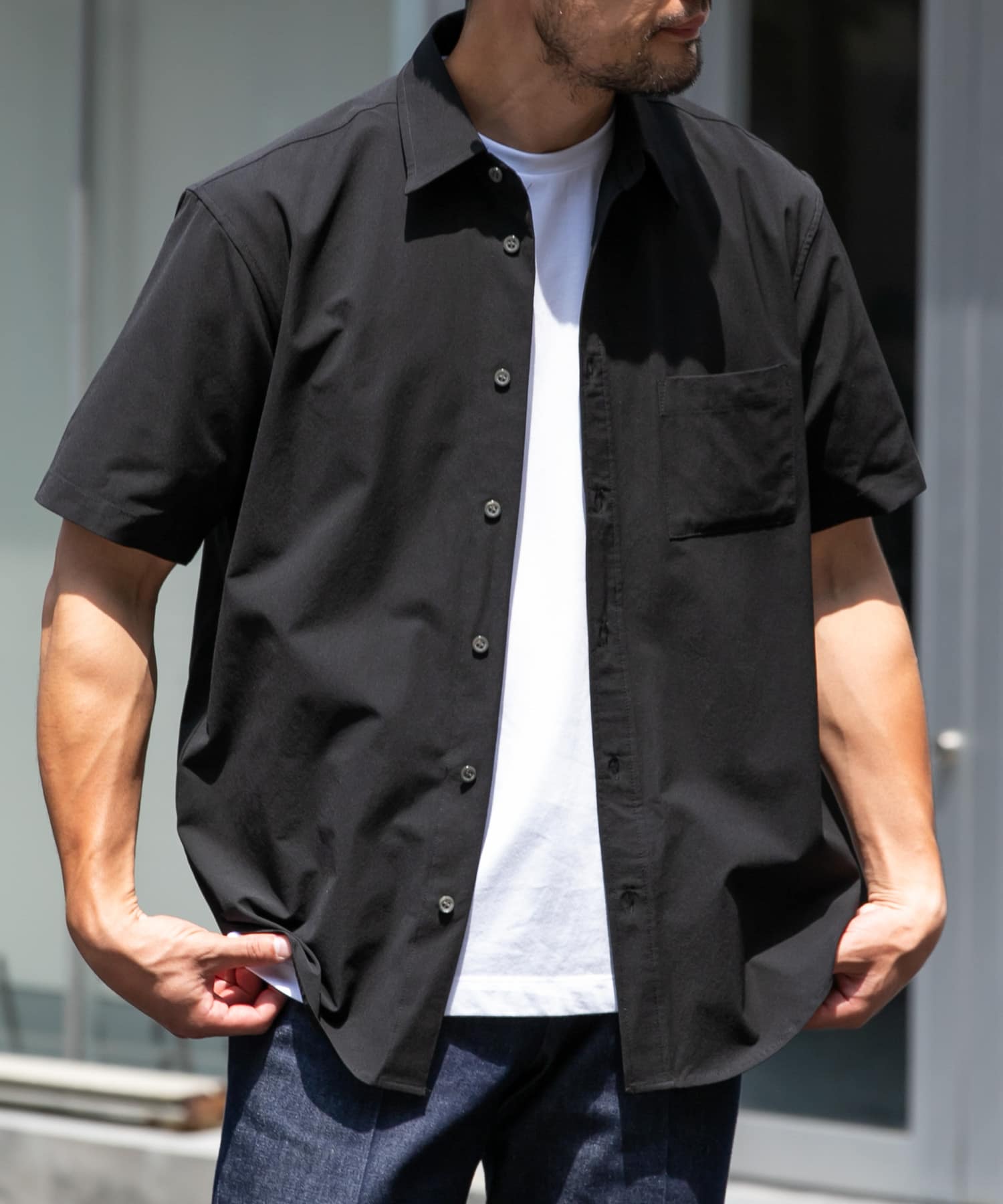 XLサイズあり』マイクロサッカーレギュラーカラー半袖シャツ(S BLACK