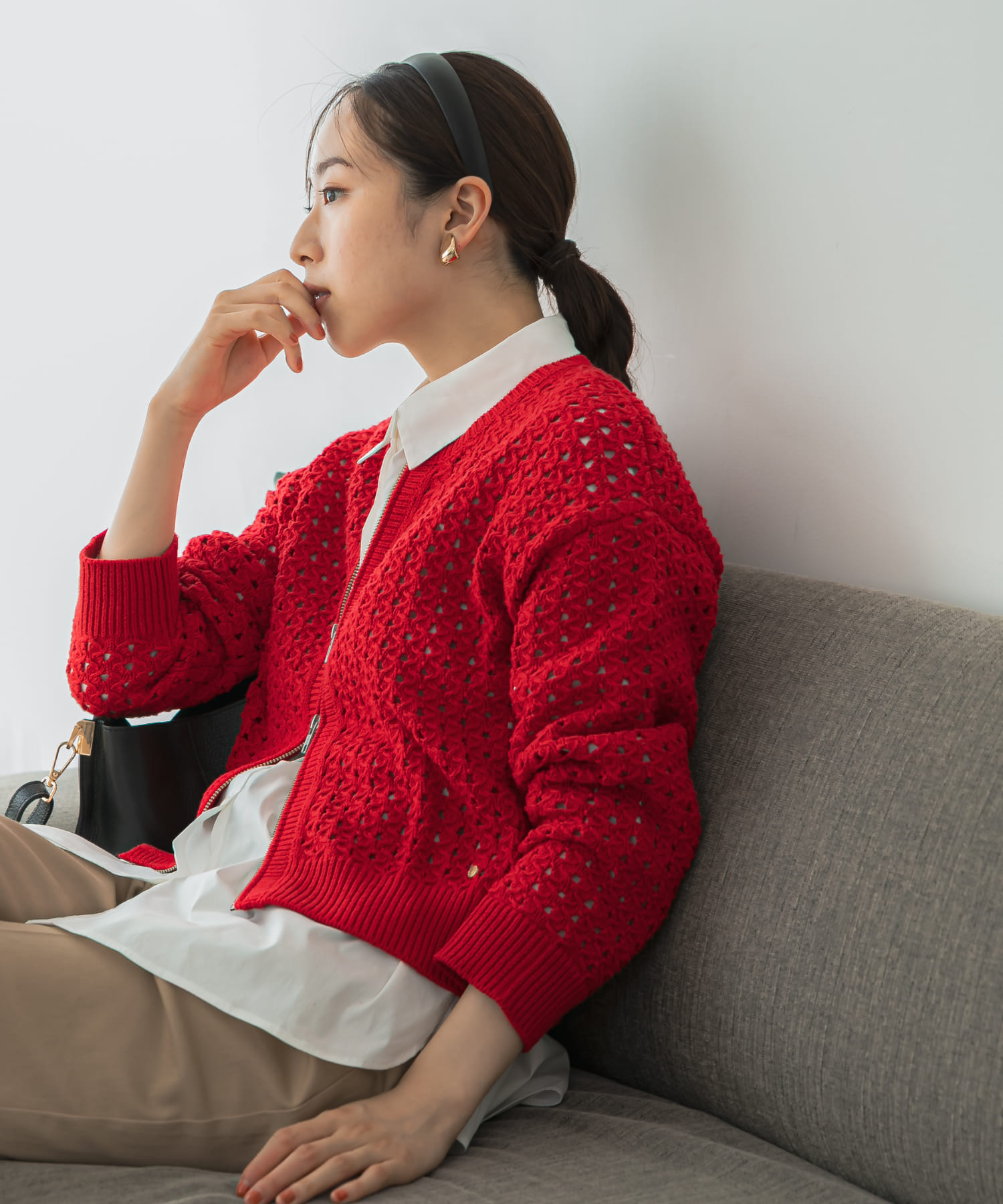 F by ROSSO　柄編みZIPカーディガン