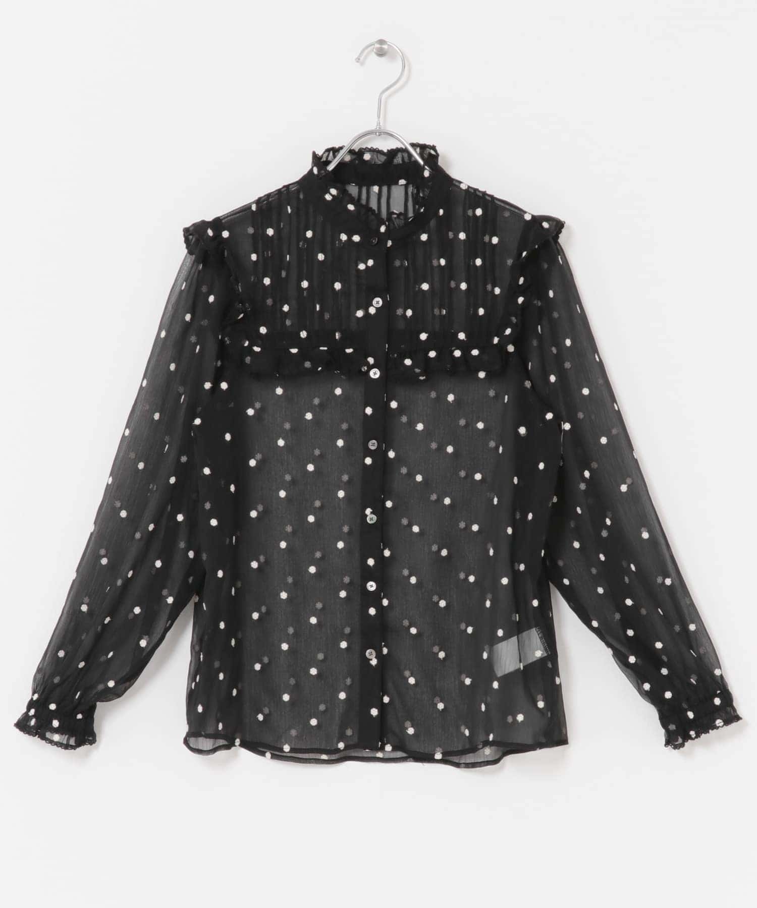 『WEB限定』フラワー刺繍フリルネックブラウス BLACK FREE