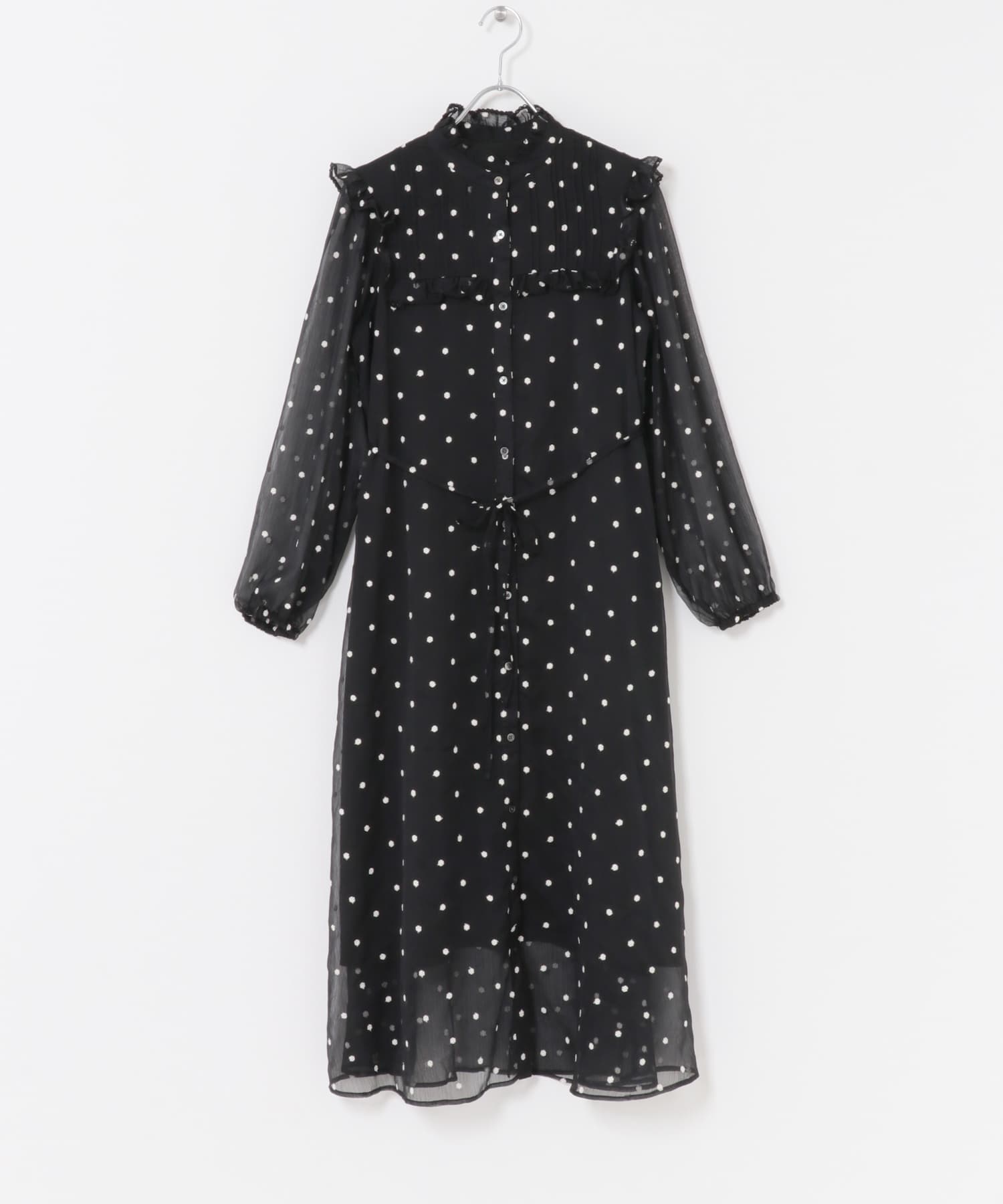『WEB限定』フラワー刺繍フリルネックワンピース BLACK FREE