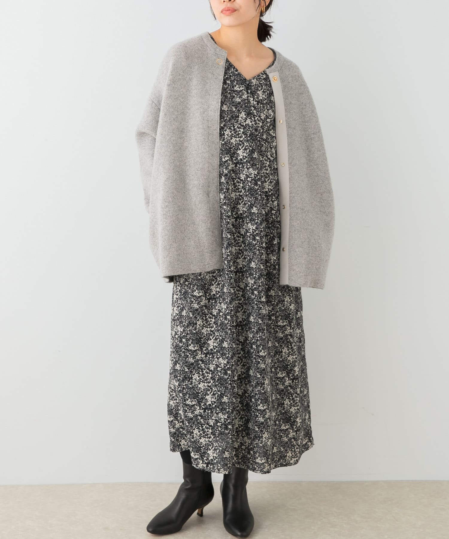 F by ROSSO フラワープリントパフスリーブワンピース(36 BLACK