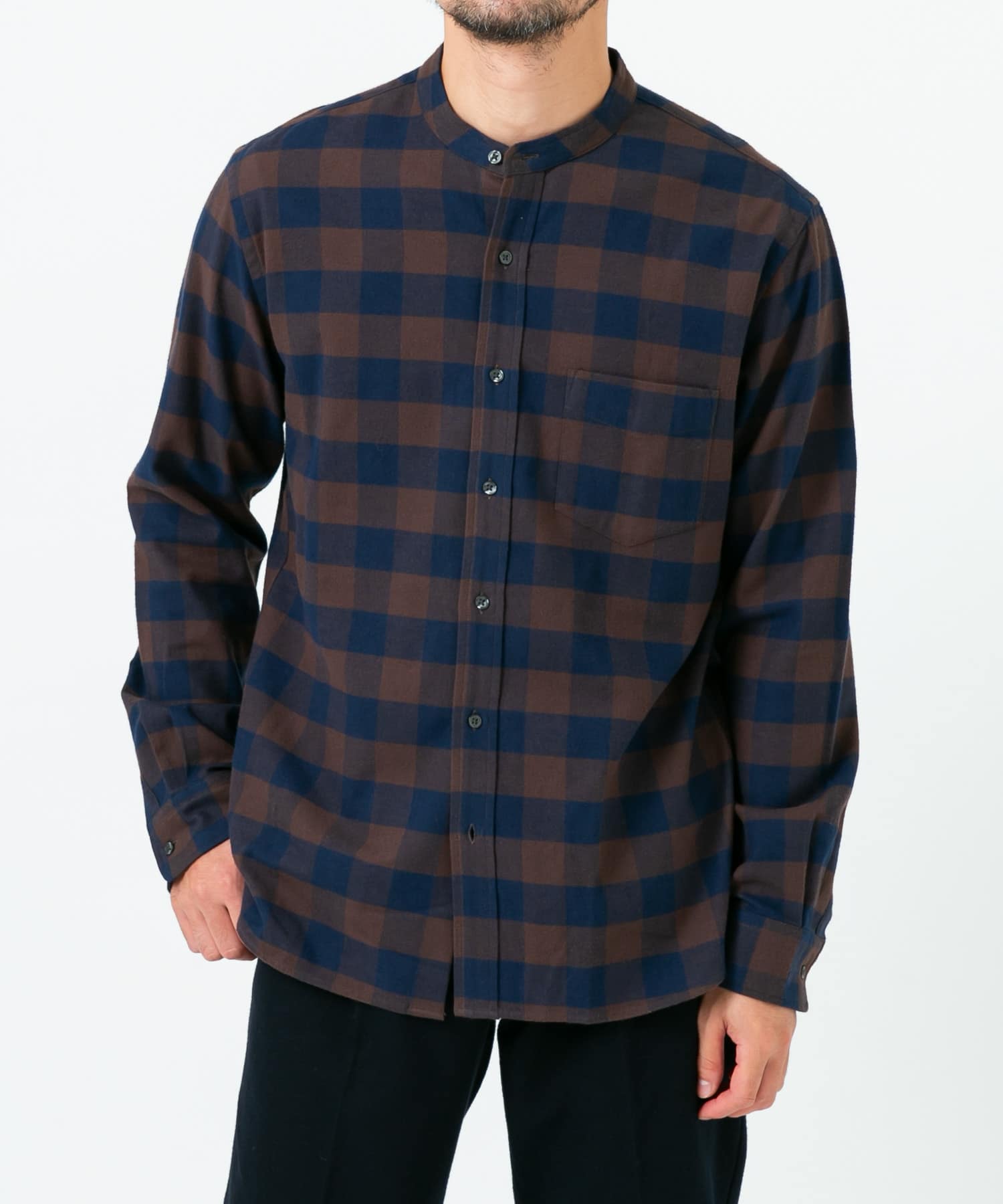 『抗菌 / 防臭』『XXLサイズあり』ハイパフォーマンスフランネルバンドカラーシャツ BRN CHECK S