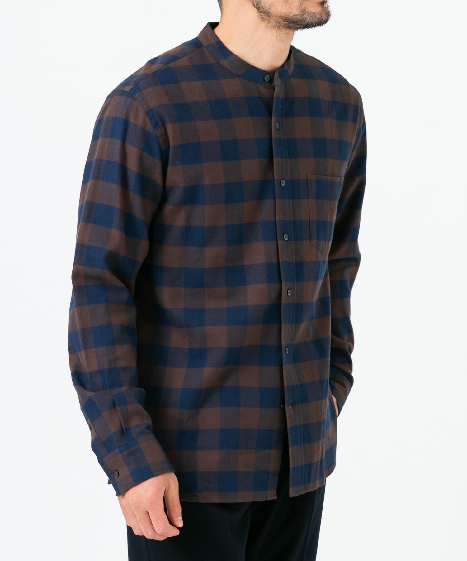 『抗菌 / 防臭』『XXLサイズあり』ハイパフォーマンスフランネルバンドカラーシャツ BRN CHECK S