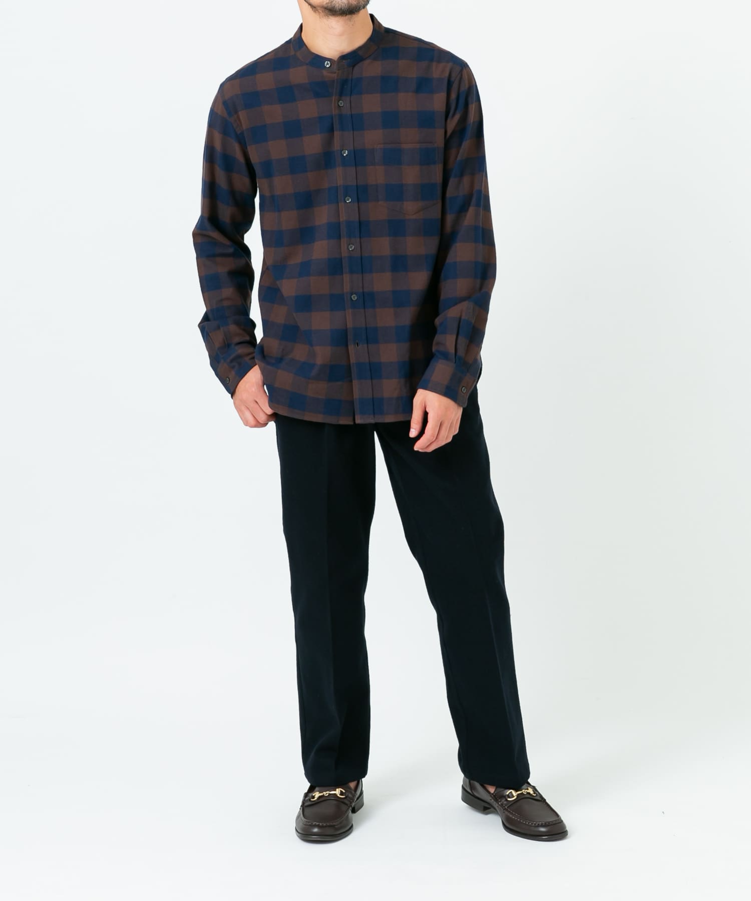 『抗菌 / 防臭』『XXLサイズあり』ハイパフォーマンスフランネルバンドカラーシャツ BRN CHECK S