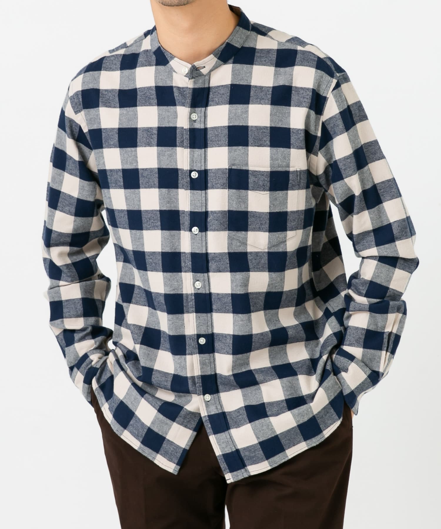 『抗菌 / 防臭』『XXLサイズあり』ハイパフォーマンスフランネルバンドカラーシャツ NVY CHECK S