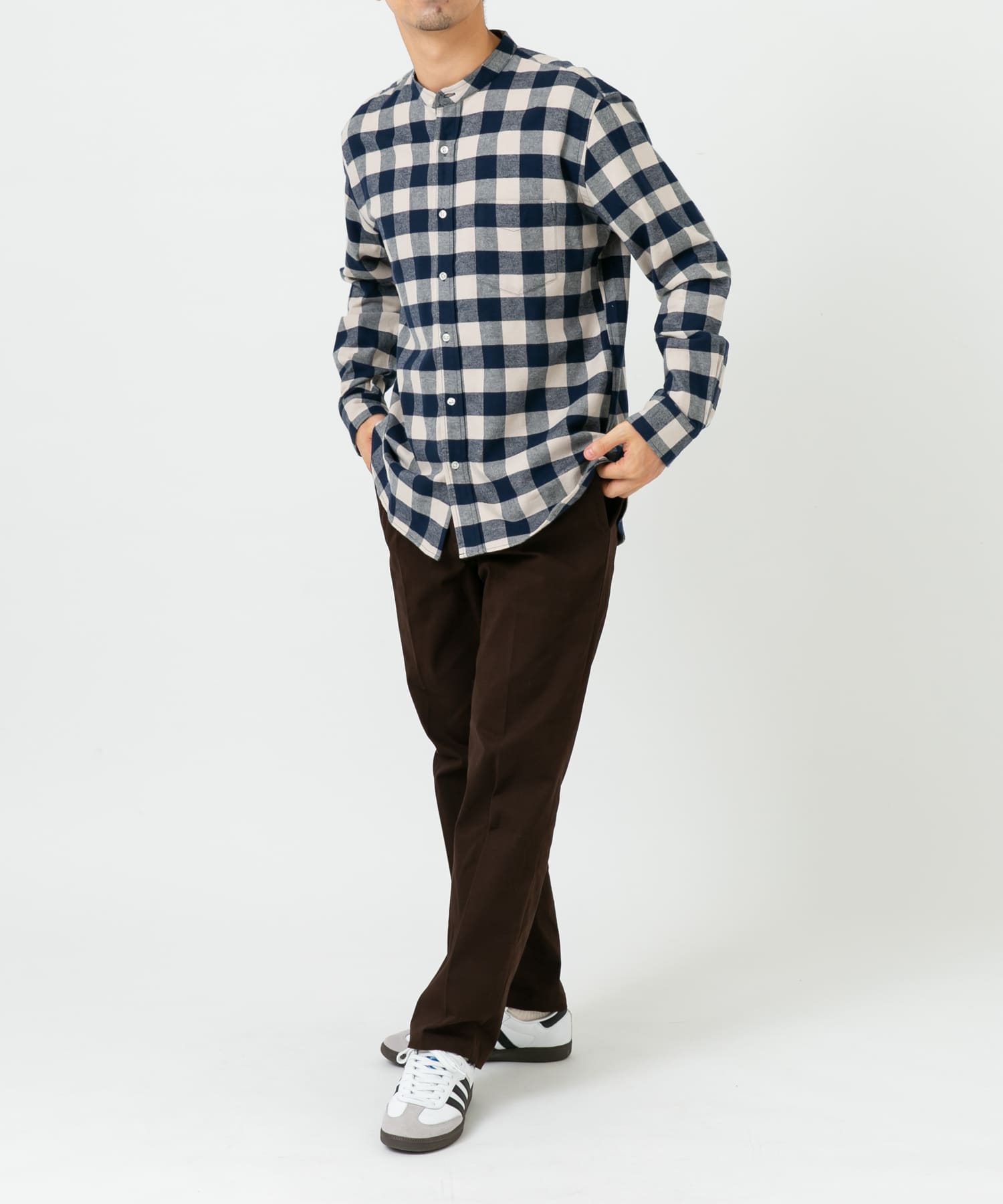 『抗菌 / 防臭』『XXLサイズあり』ハイパフォーマンスフランネルバンドカラーシャツ NVY CHECK S