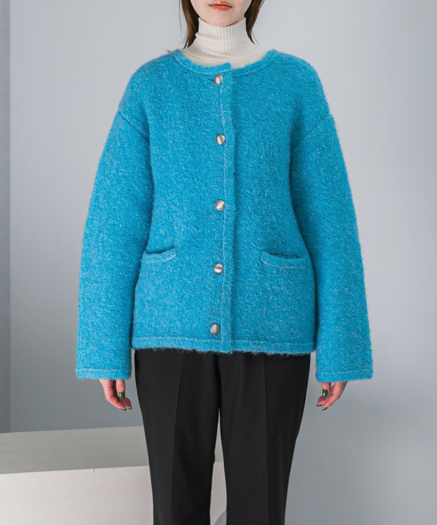 『WEB/一部店舗限定』ウール混ブークレニットジャケット BLUE FREE