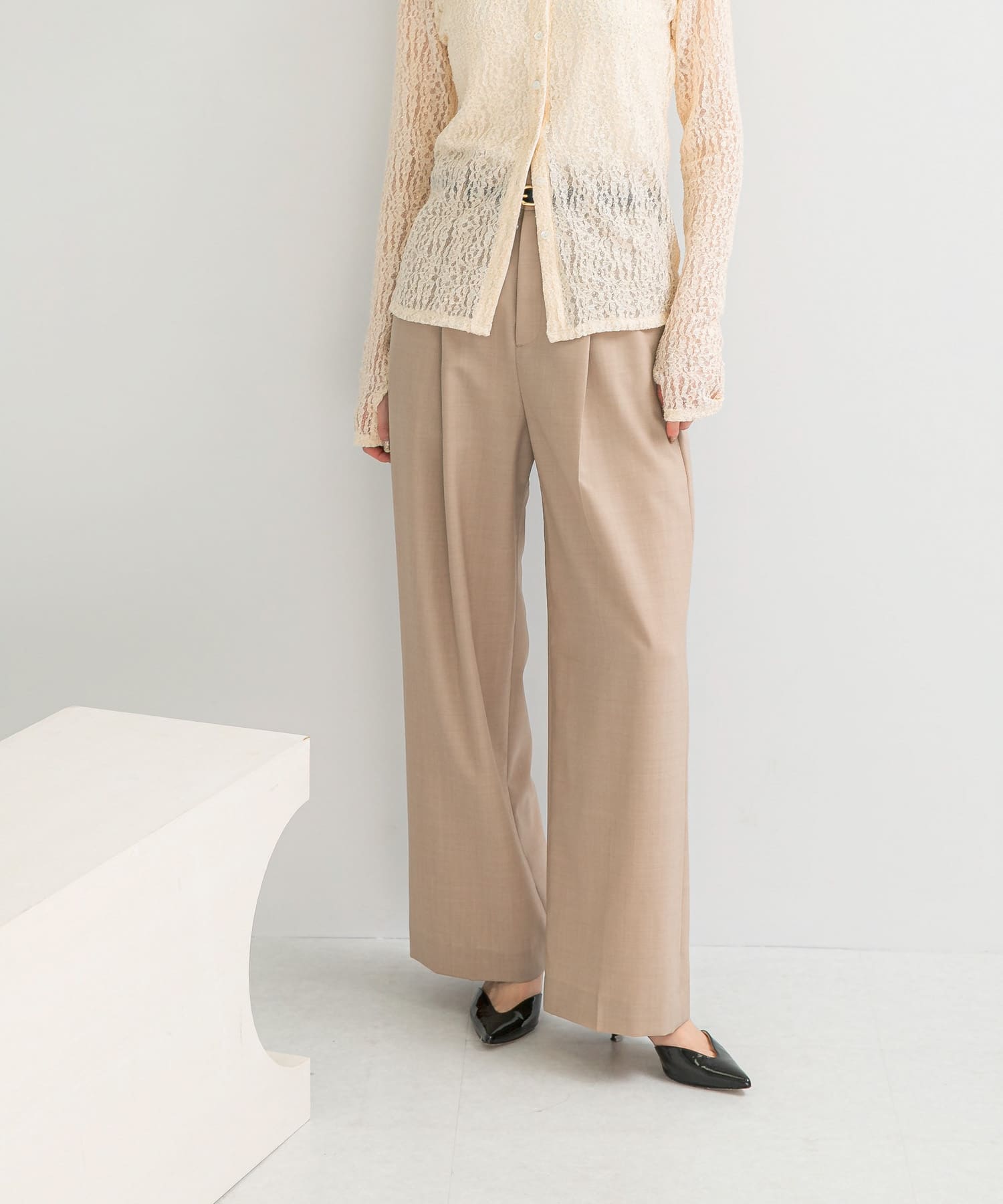 ウール混防シワハイウエストワイドスラックス