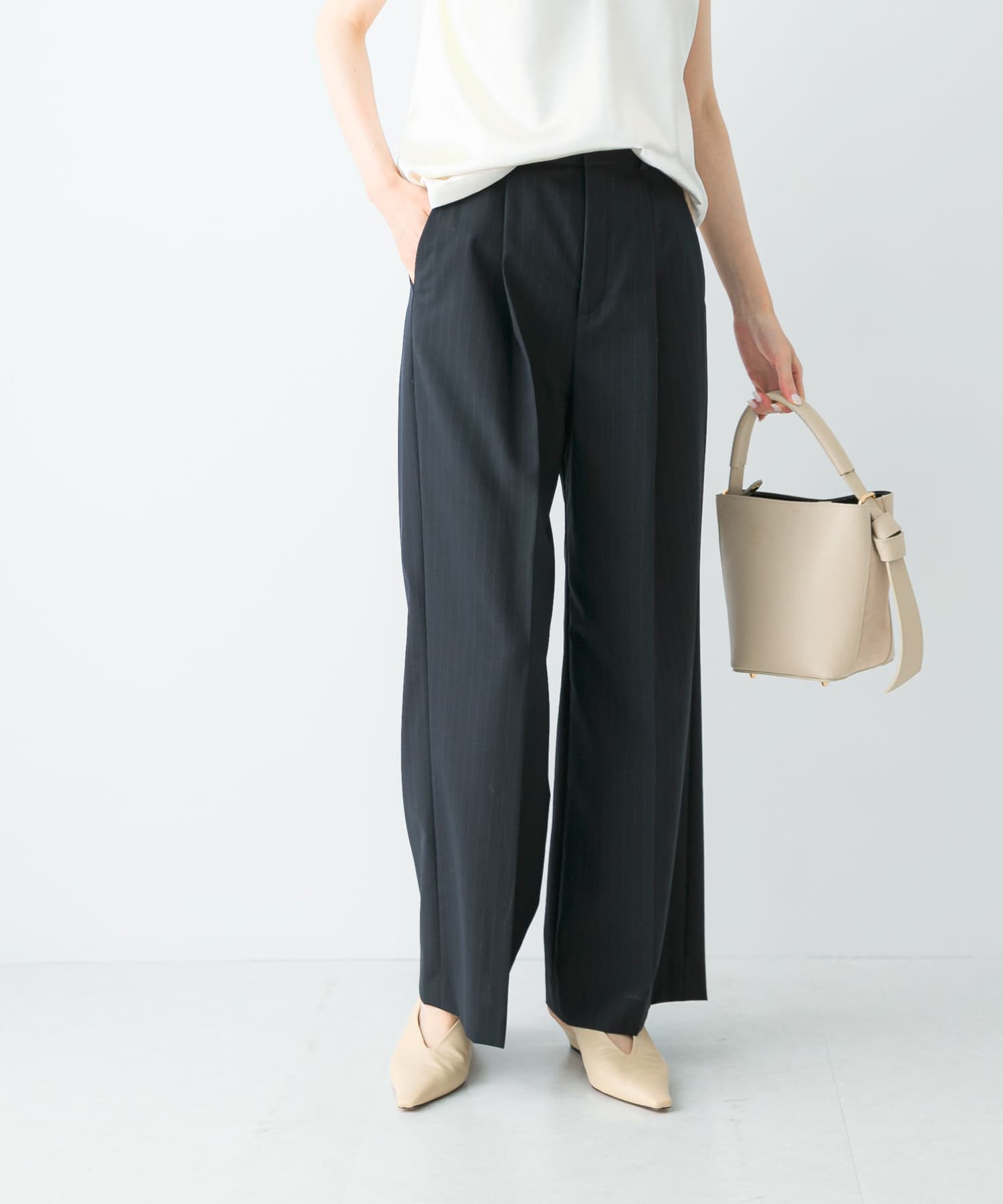 ウール混防シワハイウエストワイドスラックス