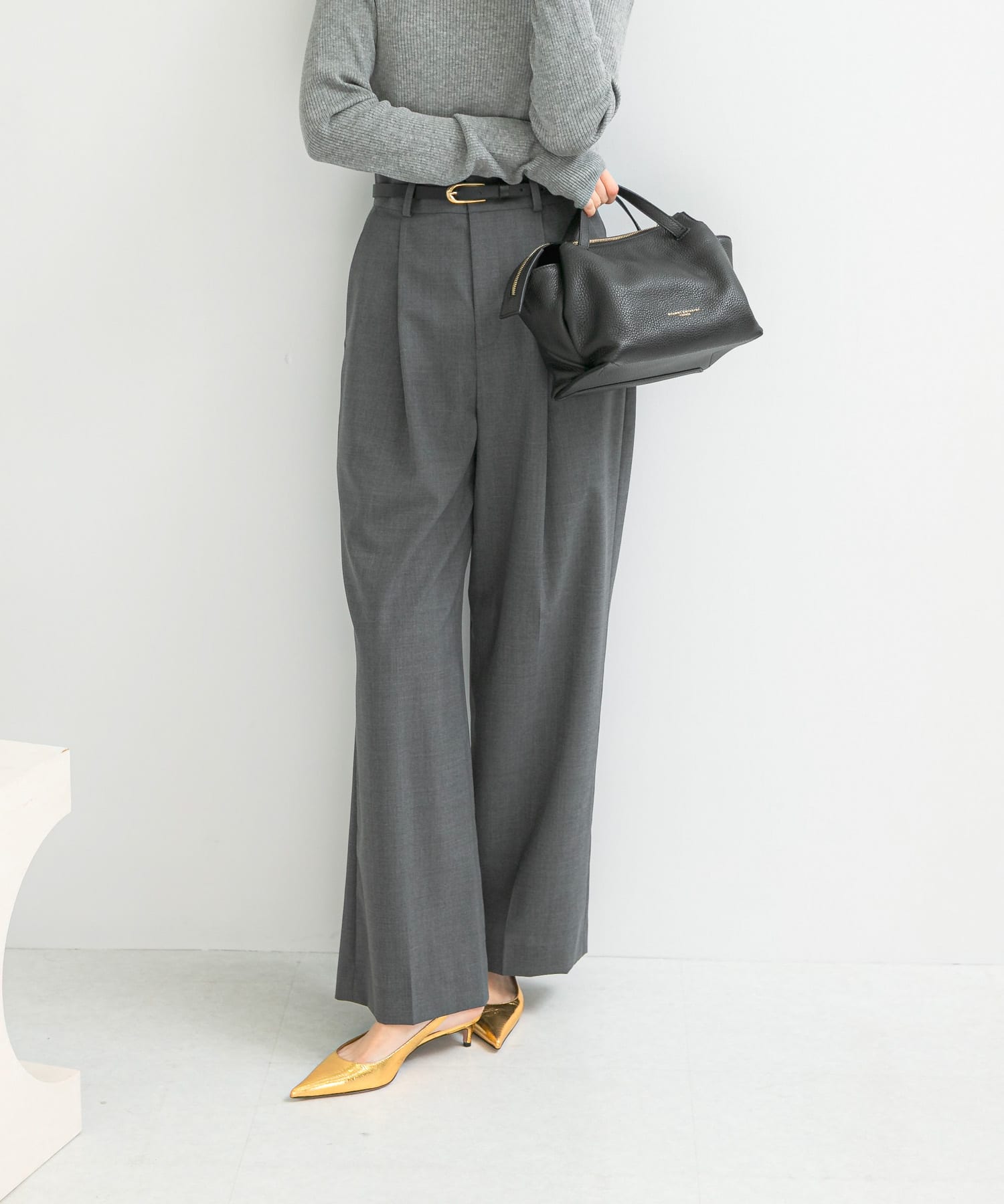 ウール混防シワハイウエストワイドスラックス