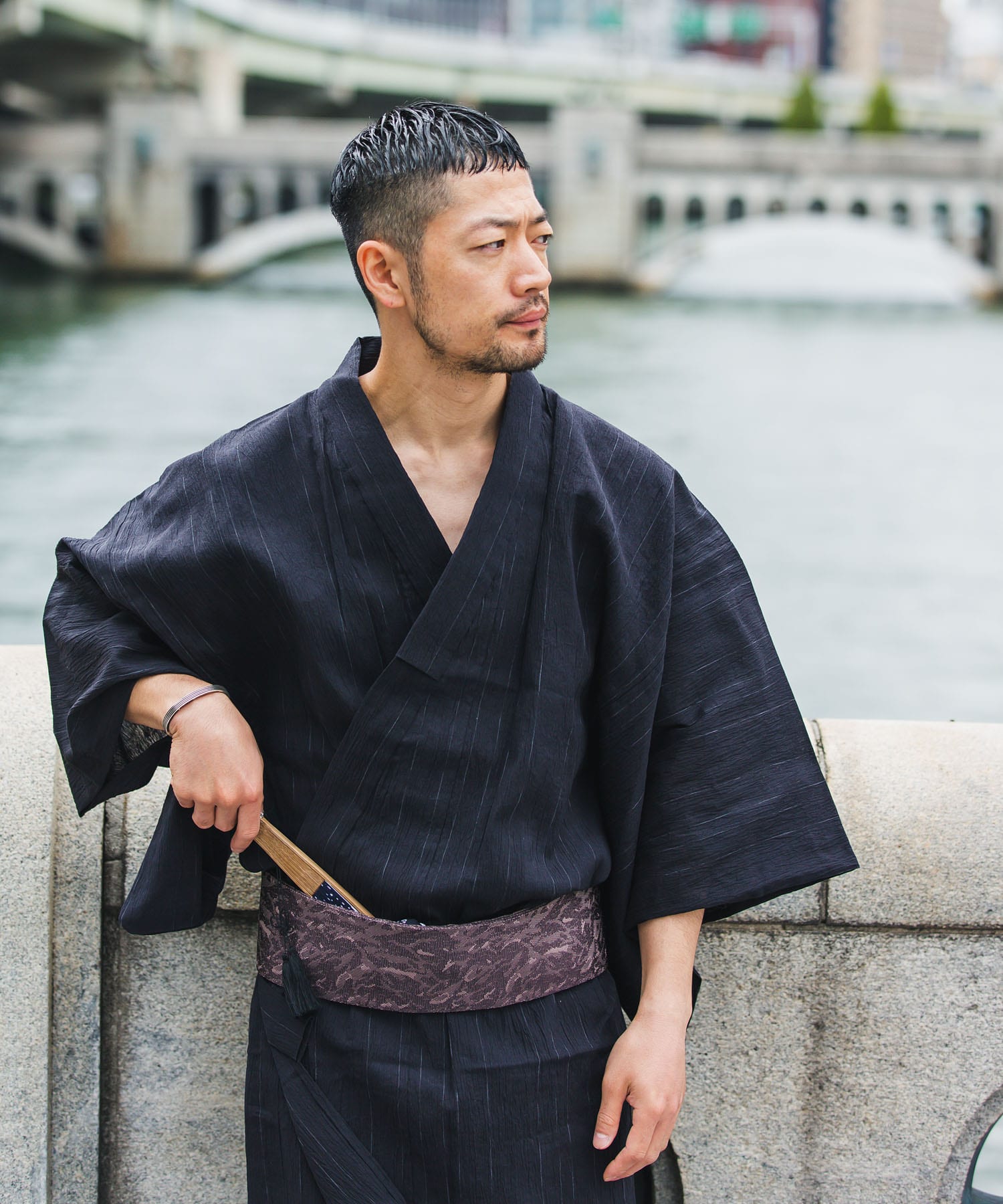 紳士浴衣　近江ちぢみ 黒 M