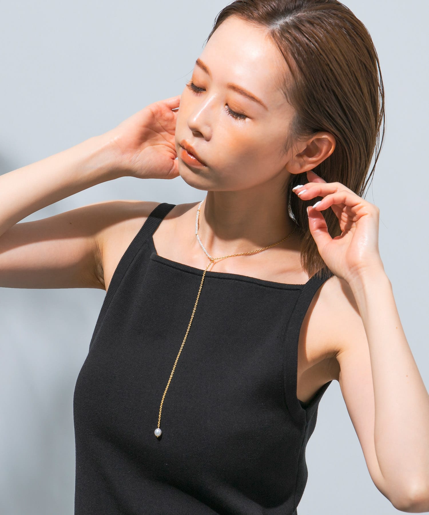 Favorible　Pearl×chain lariat WHT×GLD FREE