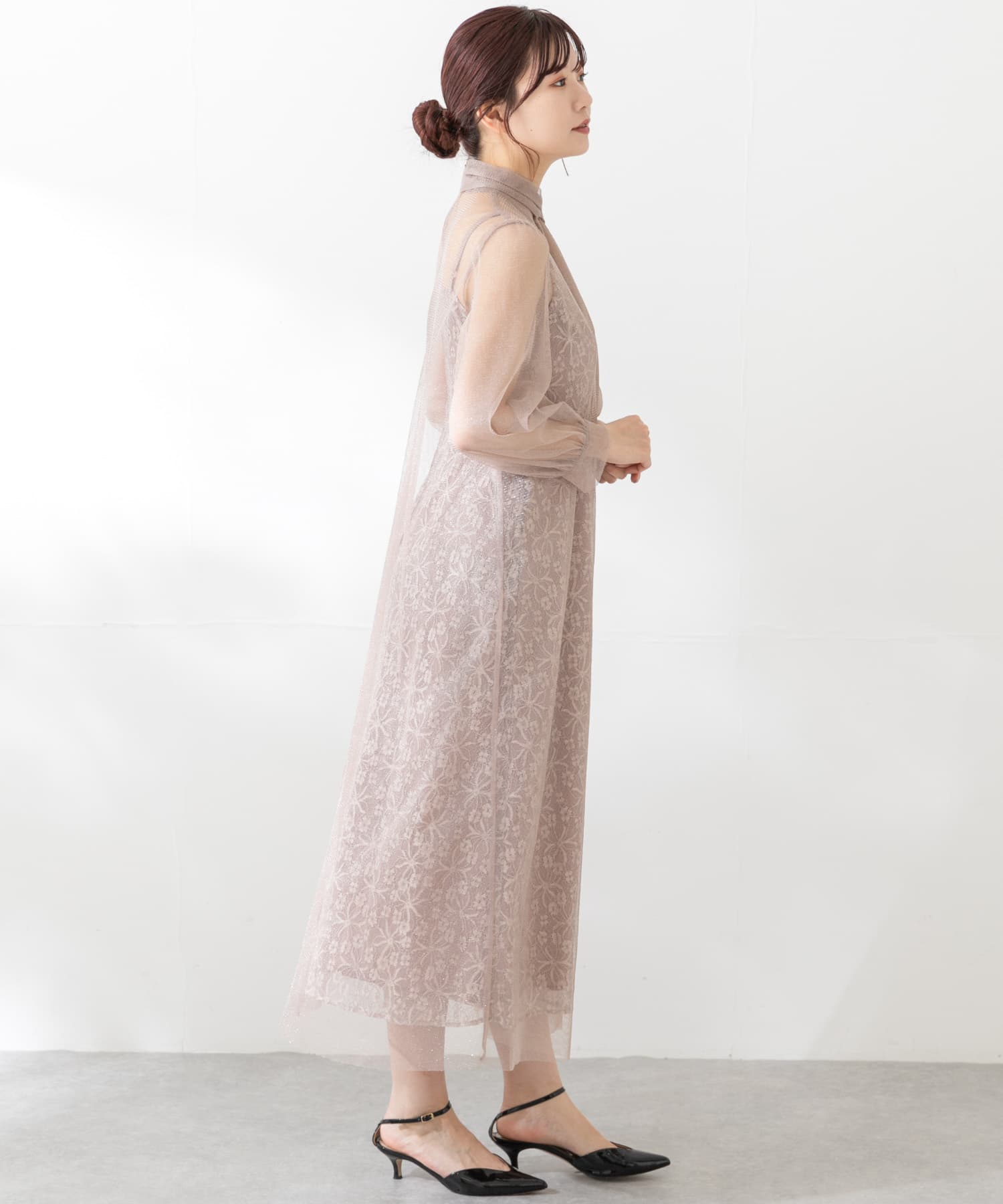 kaene ラメチュールレイヤードレースドレス(36 pinkbeige): ドレス