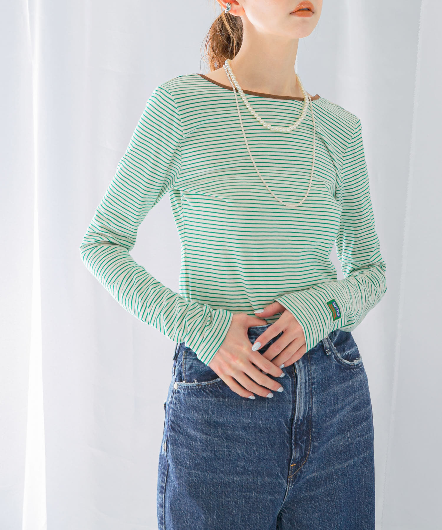 GREEN BUTTER　Two-way Stripe Patch T-shirts