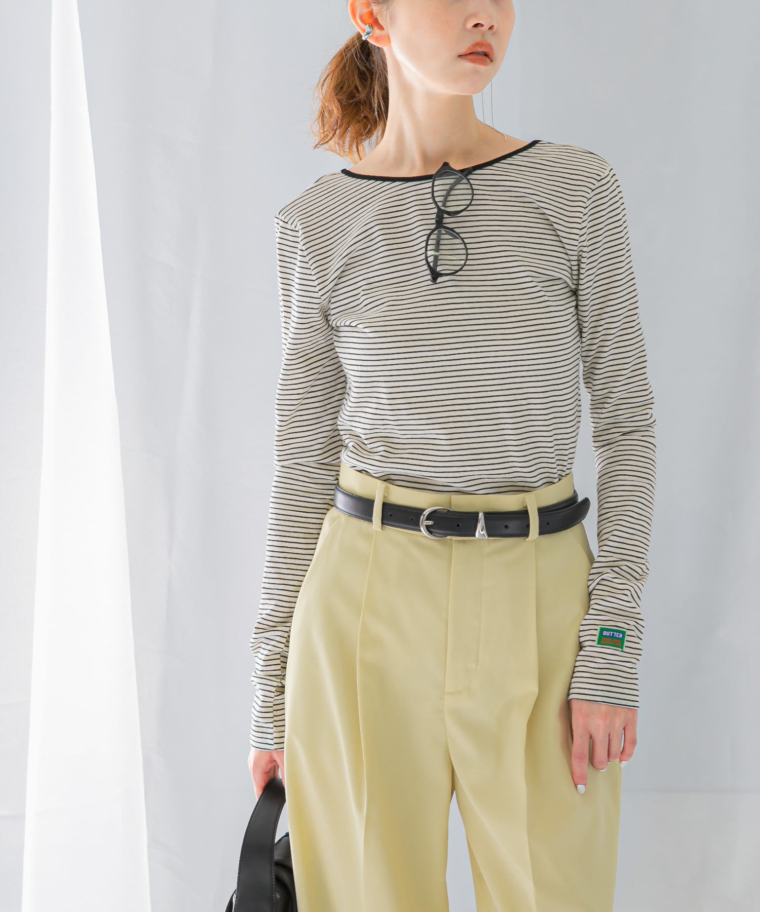 GREEN BUTTER　Two-way Stripe Patch T-shirts
